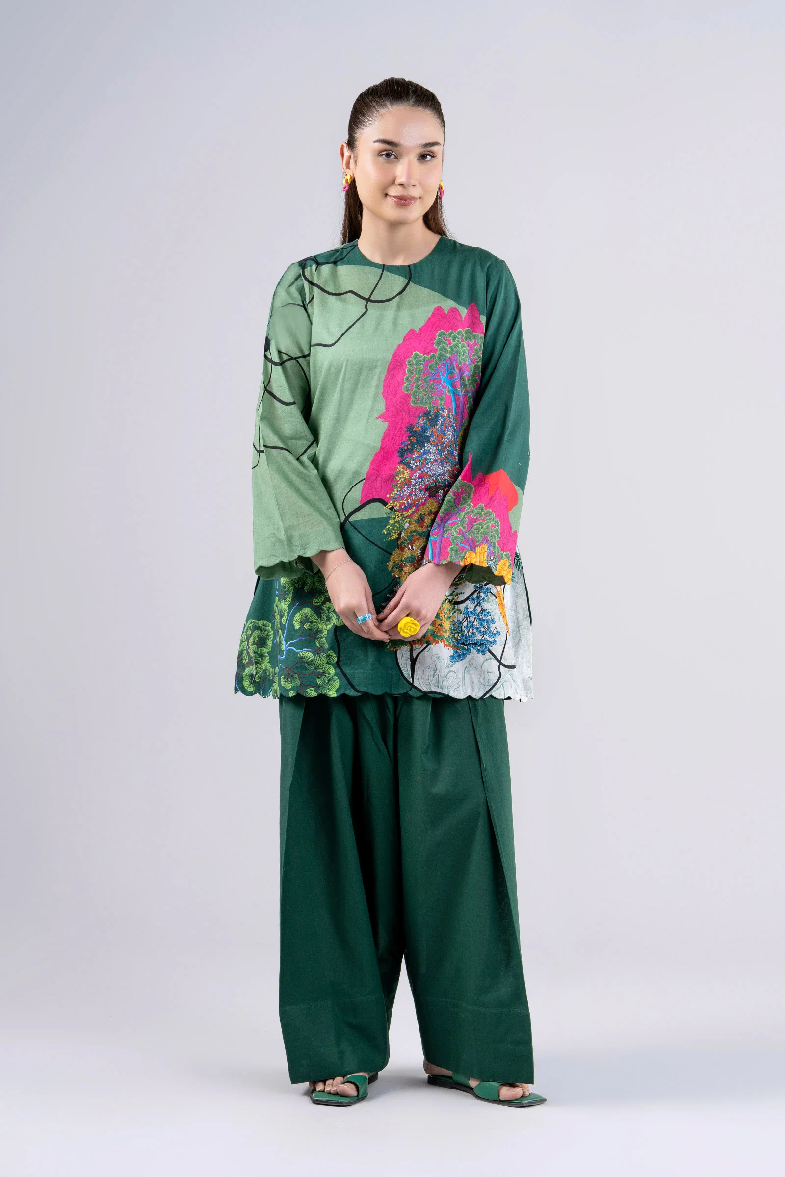 2 Pc Printed Slub Lawn Suit