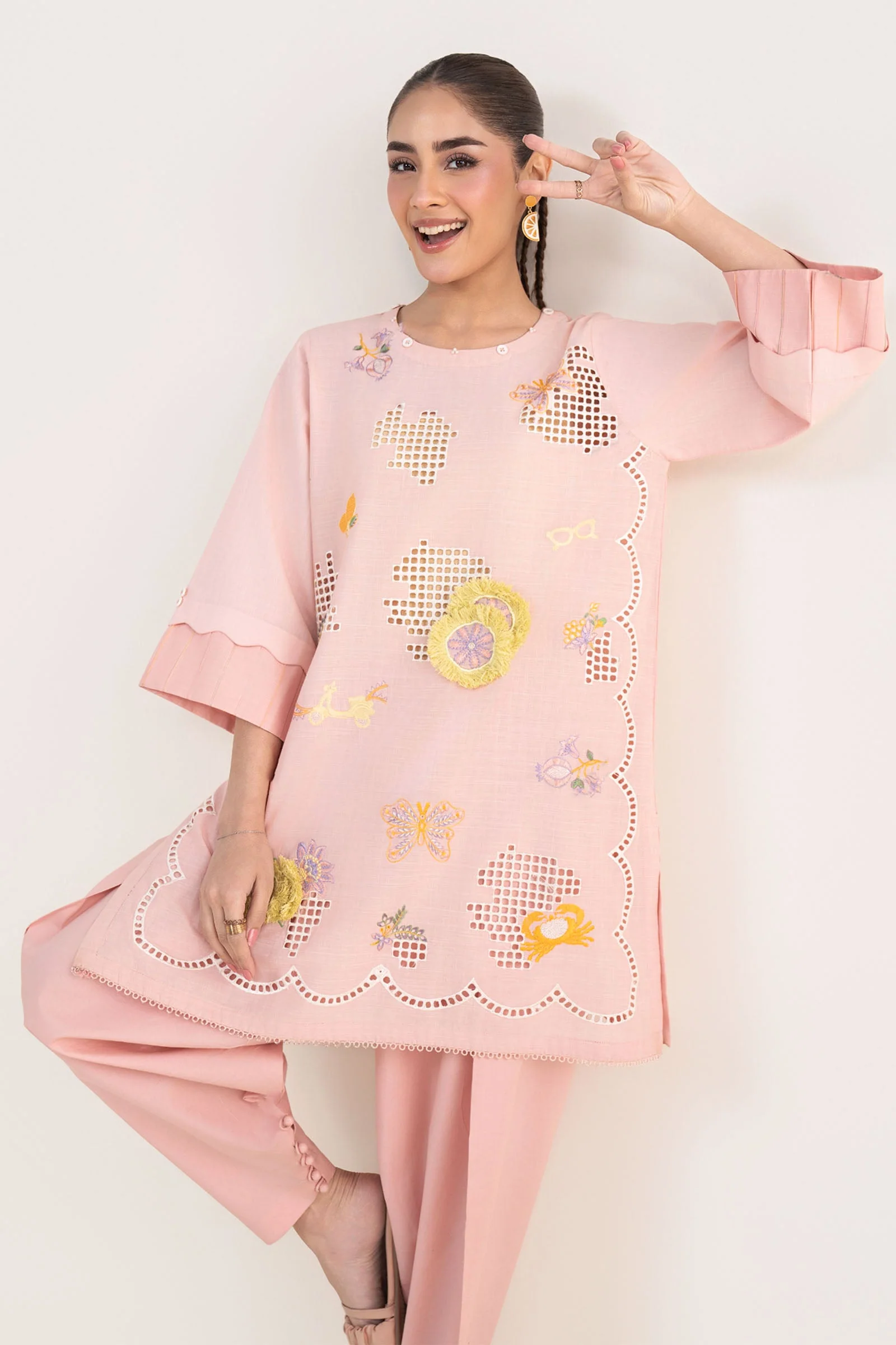 2 Pc Embroidered Cotton Chambray Suit