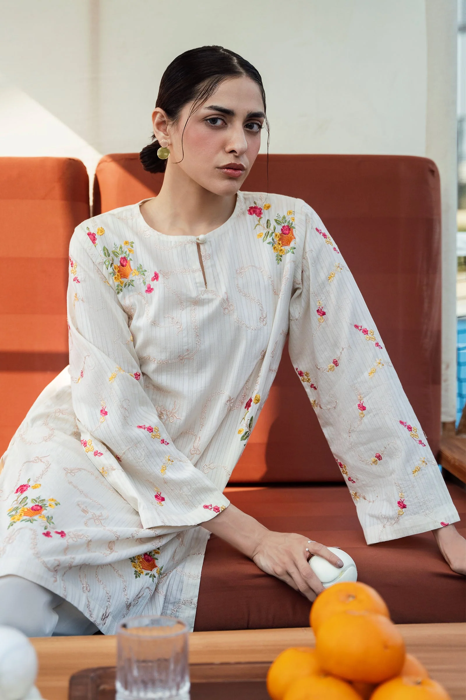 2 Pc Embroidered Cotton Stripe Suit - Image 2