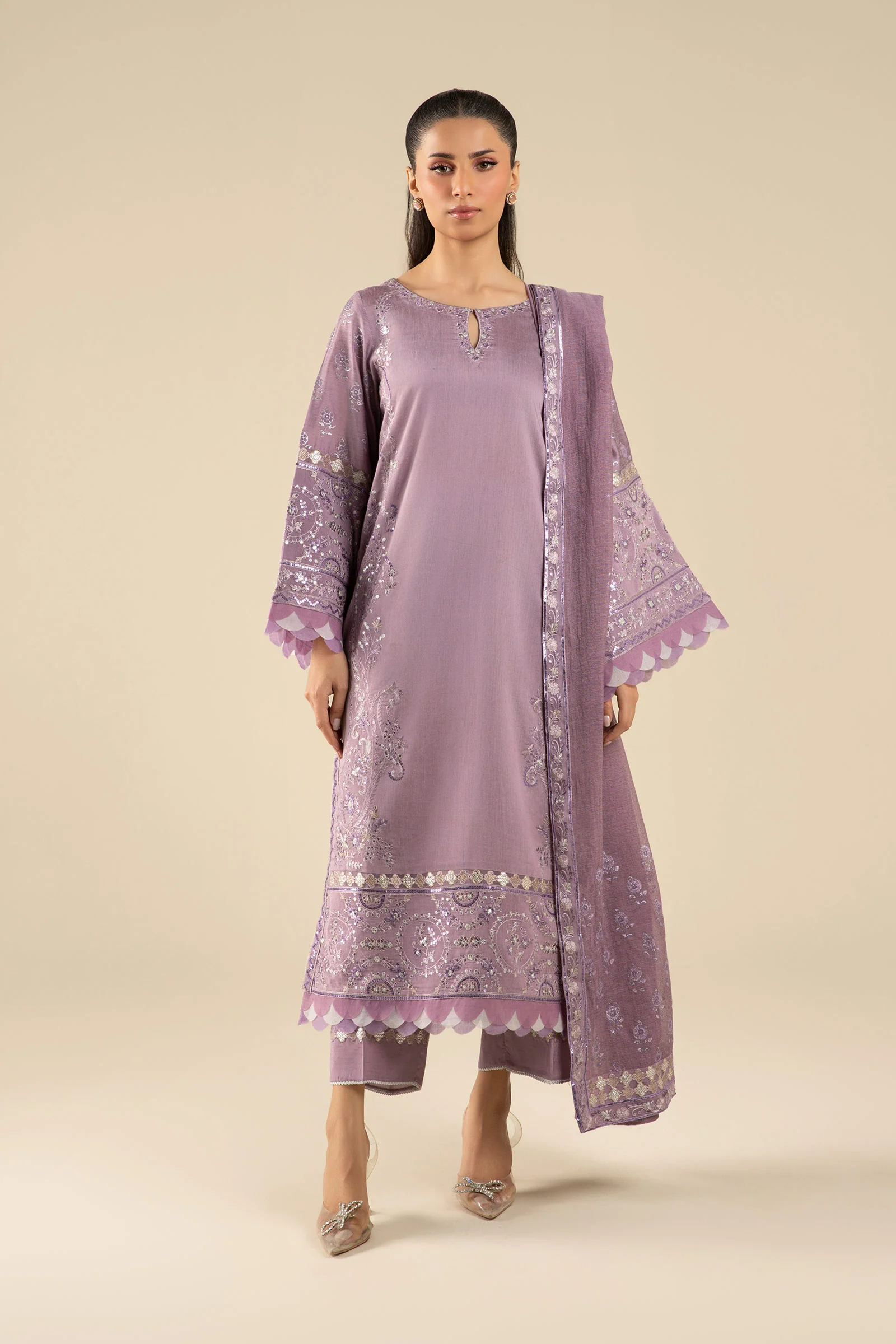 3 Pc Embroidered Two Tone Silk Suit - Image 3