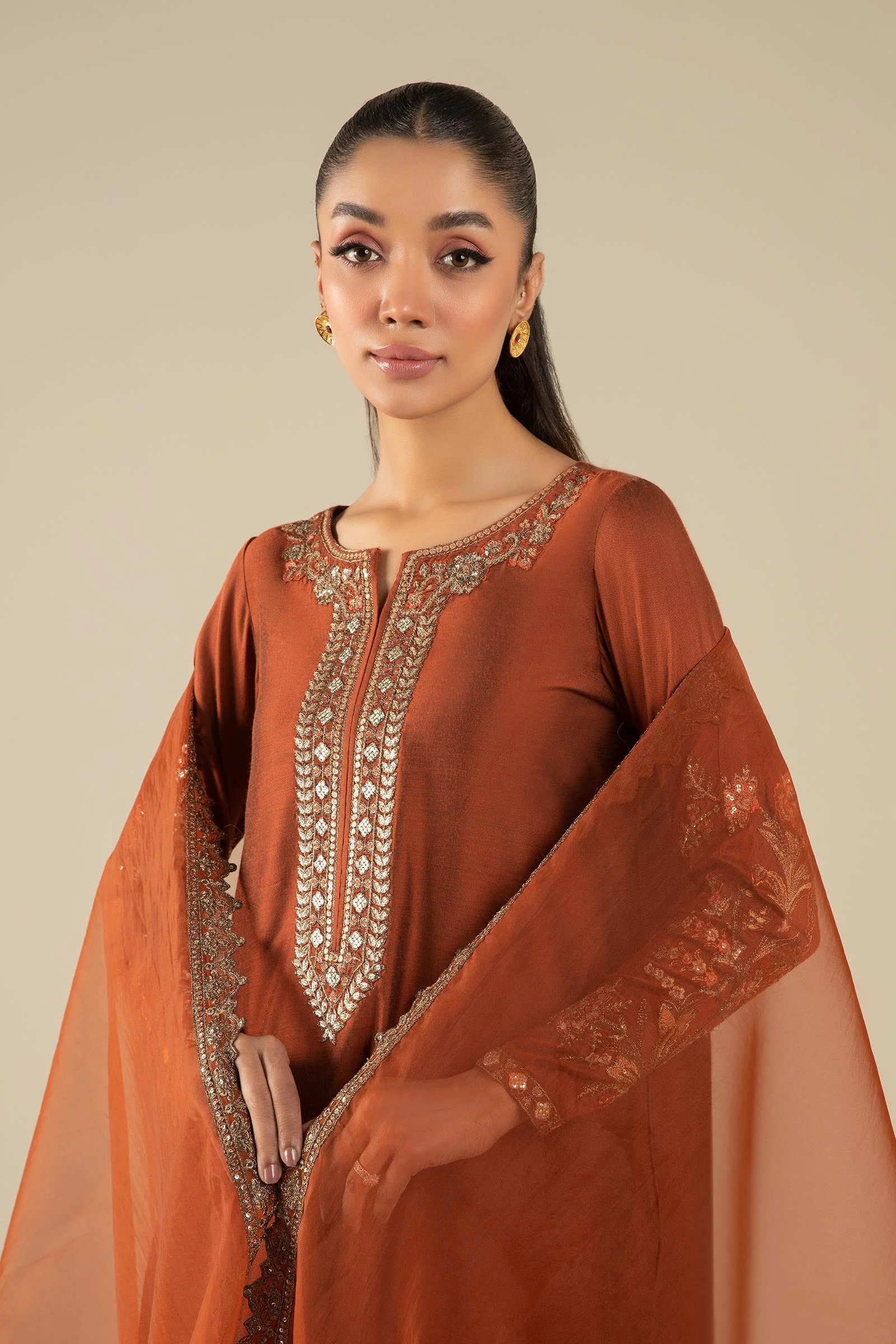 3 Pc Embroidered Two Tone Silk Suit - Image 2