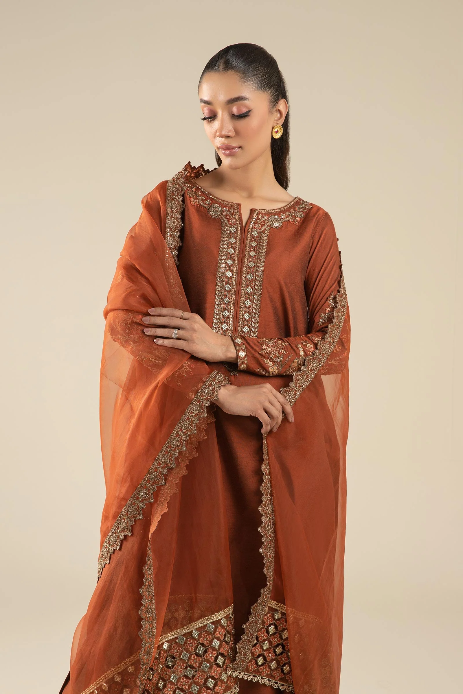 3 Pc Embroidered Two Tone Silk Suit - Image 3
