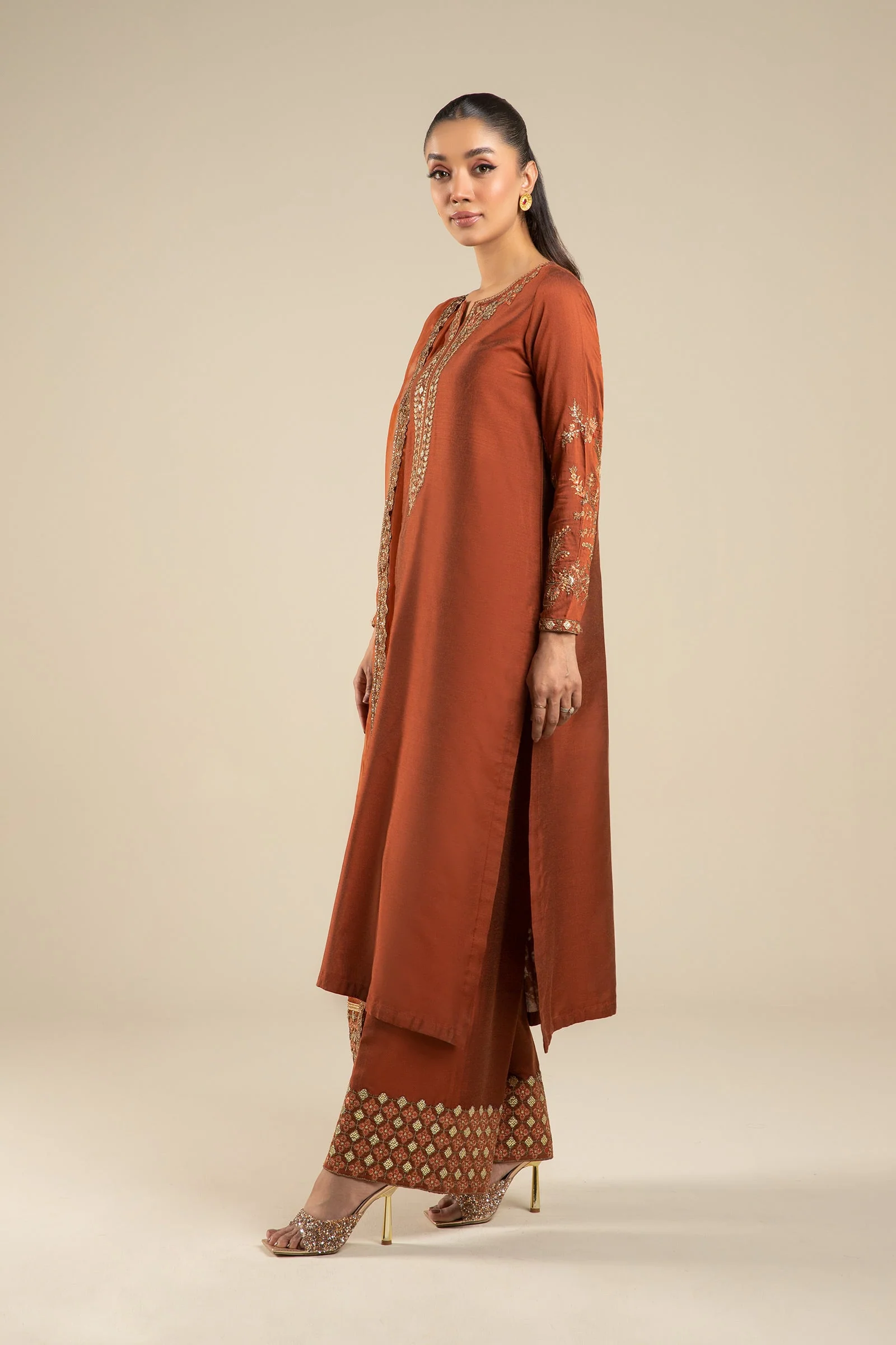 3 Pc Embroidered Two Tone Silk Suit - Image 5
