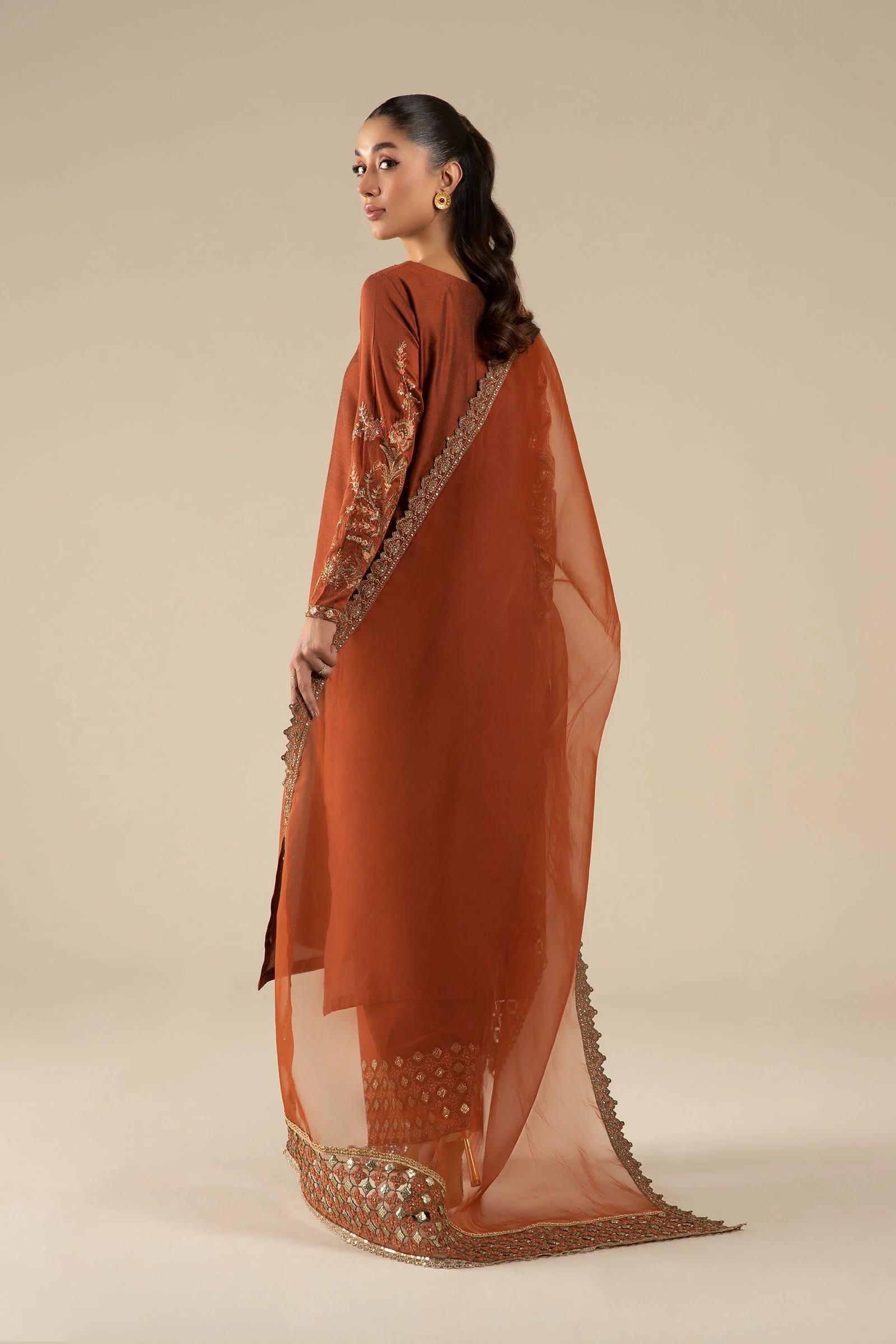 3 Pc Embroidered Two Tone Silk Suit - Image 6