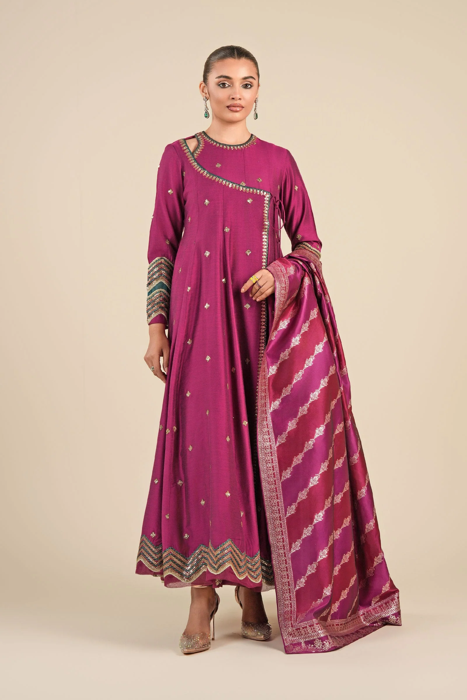 2 Pc Embroidered Two Tone Silk Suit
