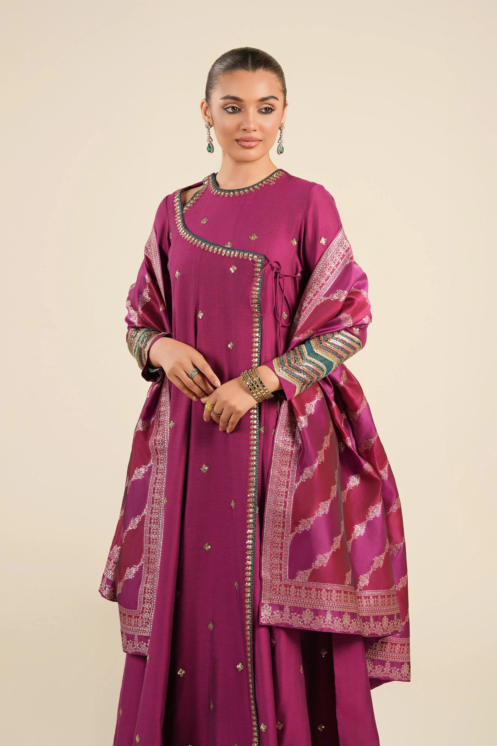 2 Pc Embroidered Two Tone Silk Suit - Image 2