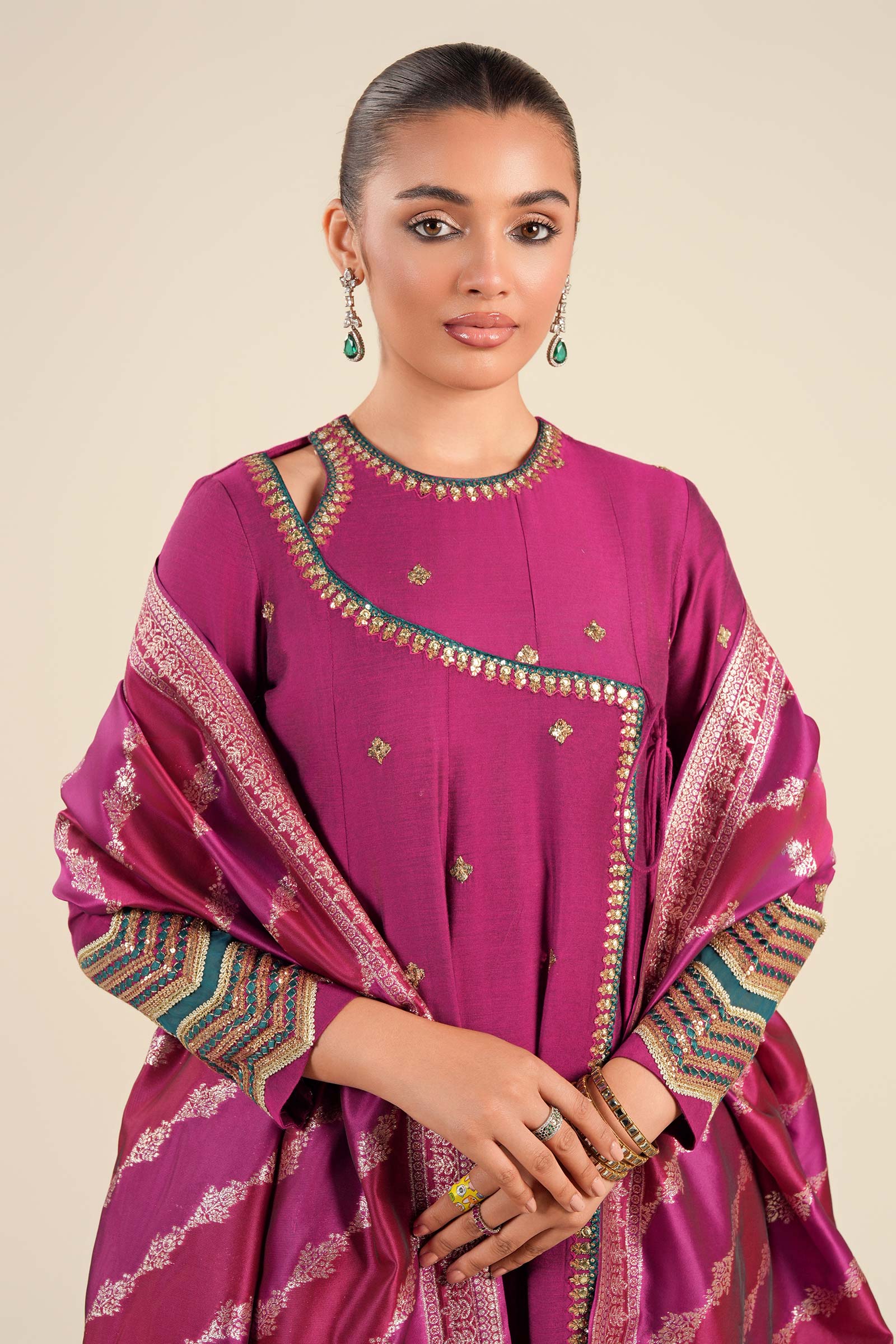 2 Pc Embroidered Two Tone Silk Suit - Image 3