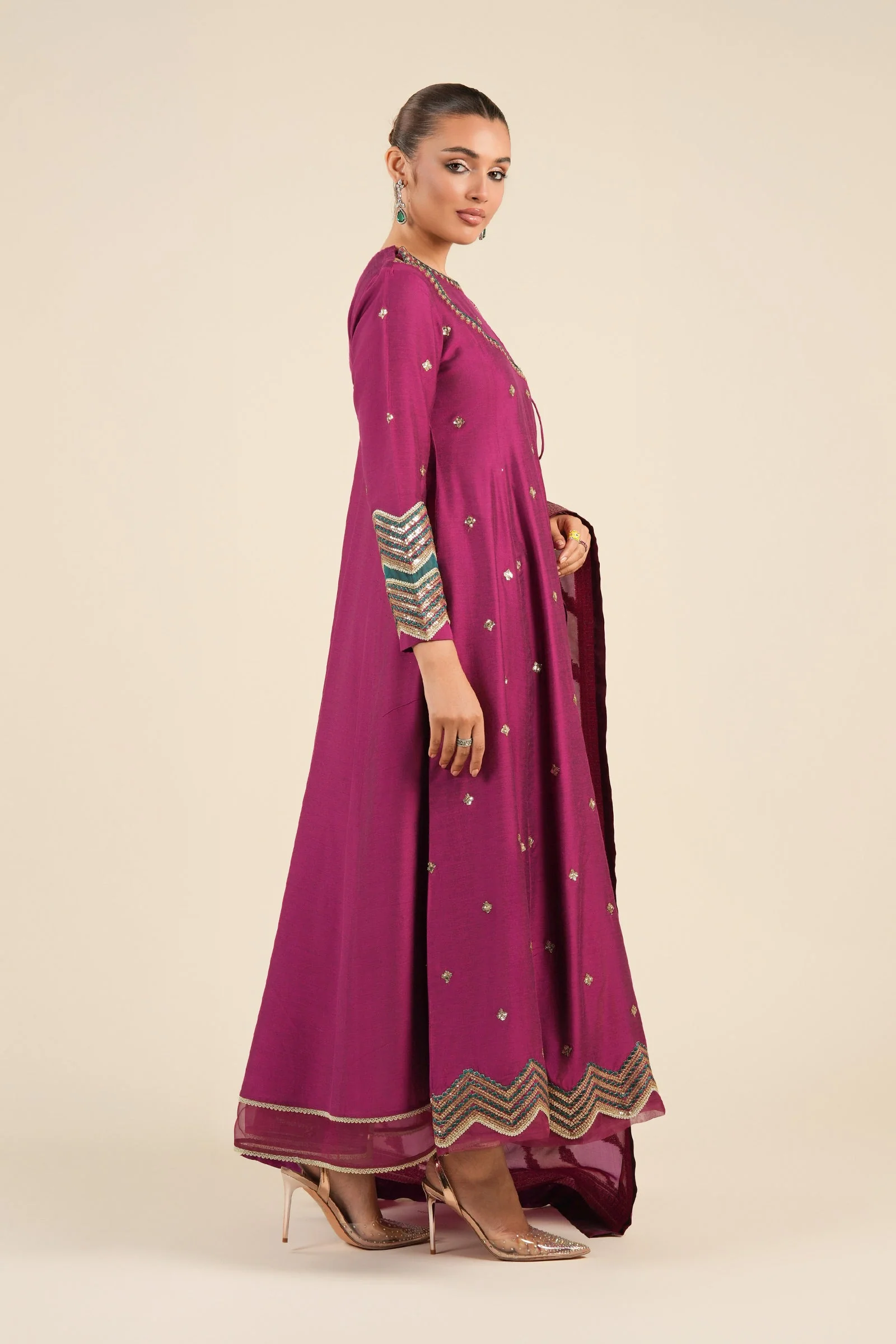 2 Pc Embroidered Two Tone Silk Suit - Image 4