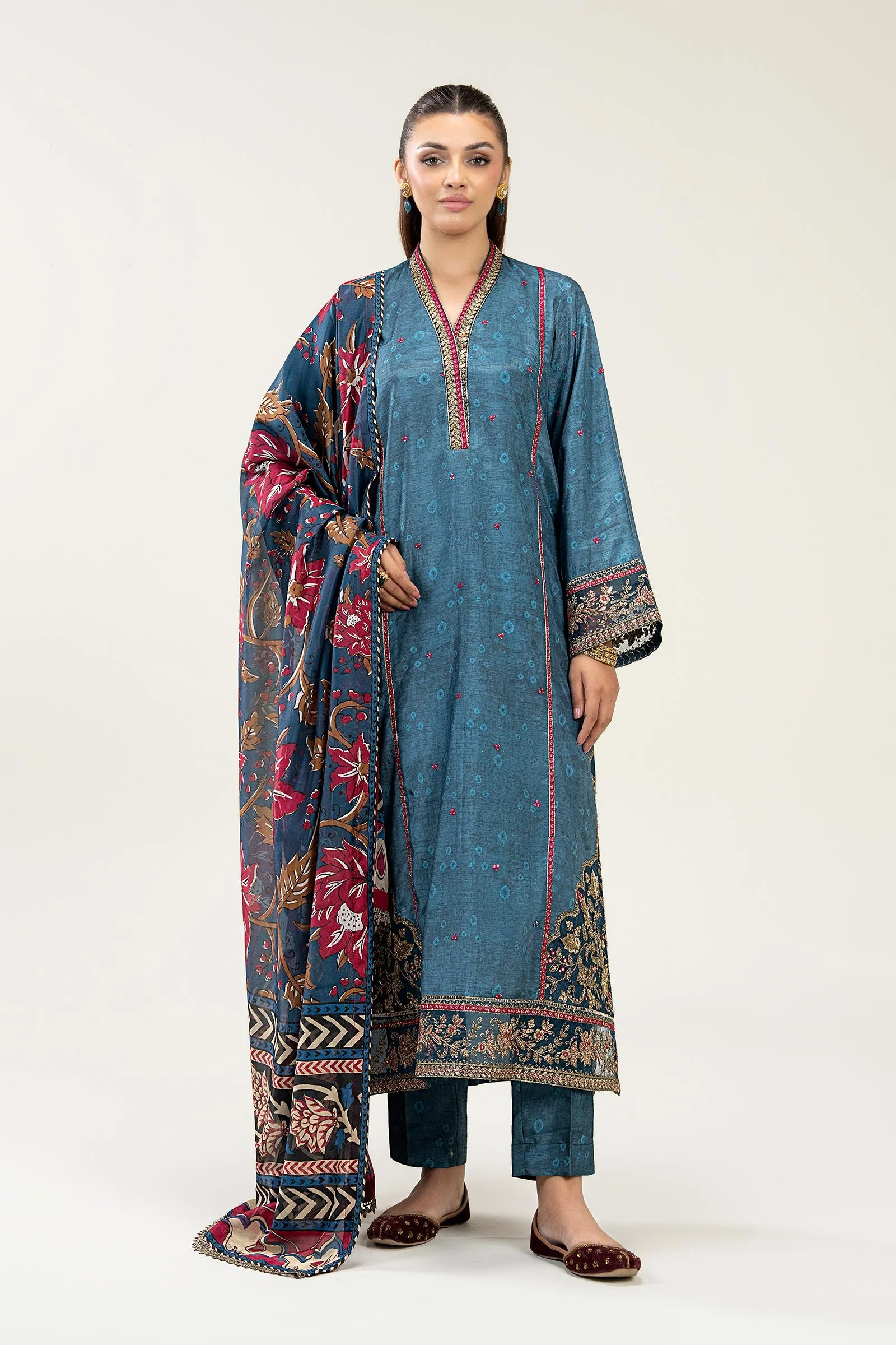 3 Pc Embroidered Raw Silk Suit