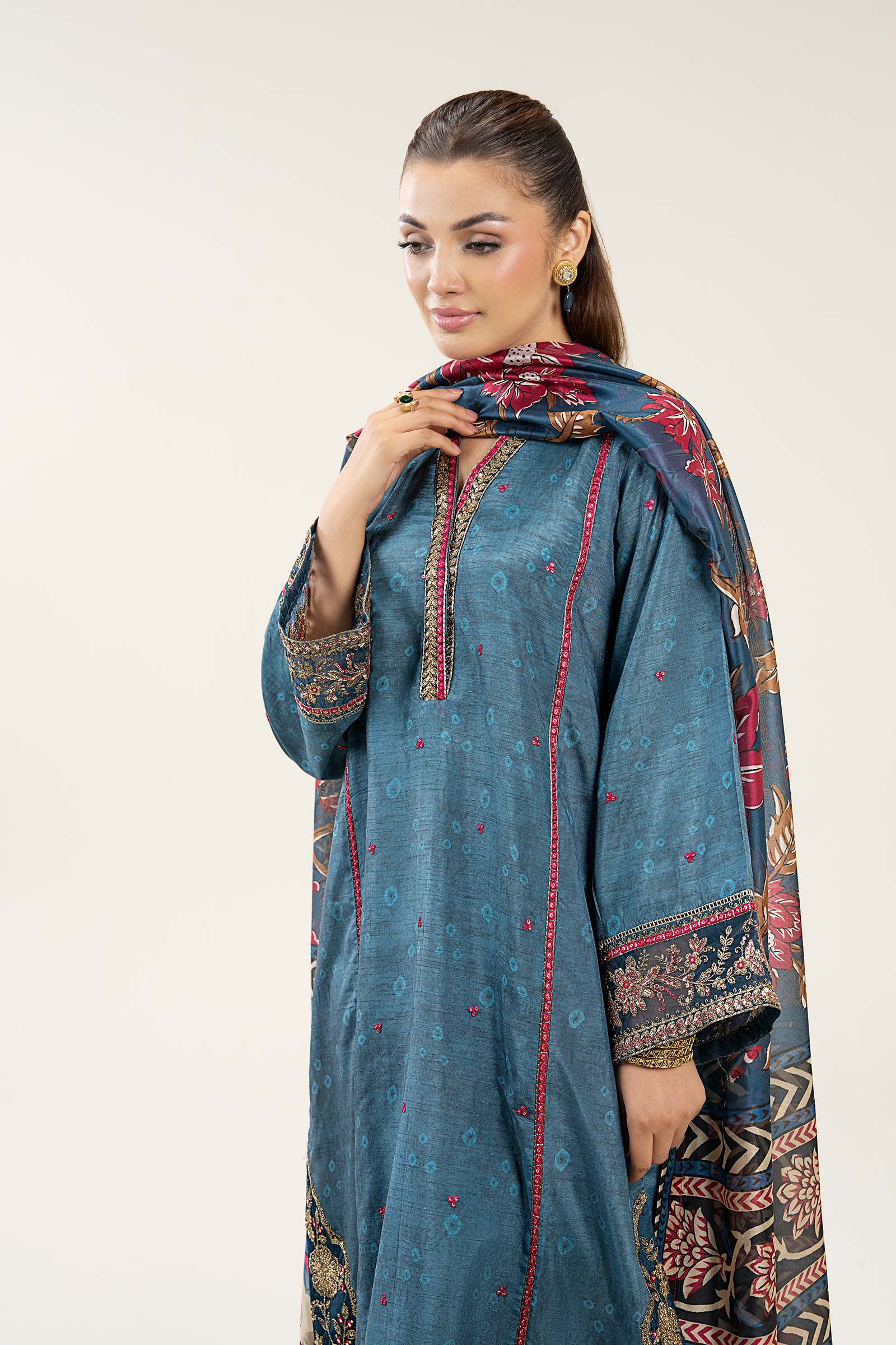 3 Pc Embroidered Raw Silk Suit - Image 2