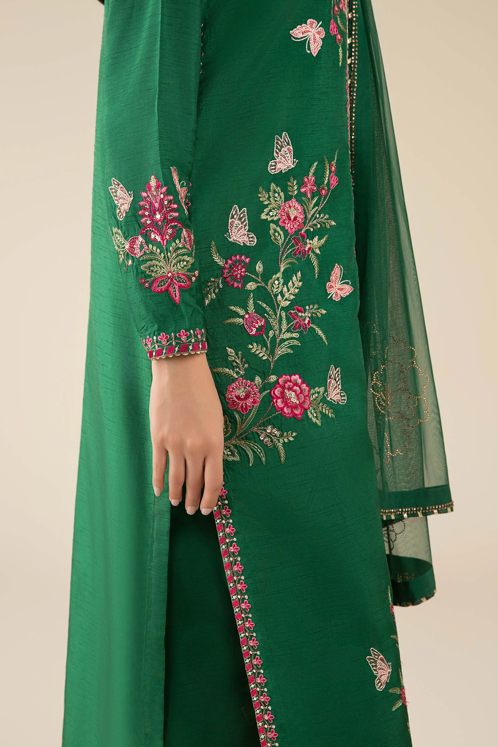 3 Pc Embroidered Raw Silk Suit - Image 4