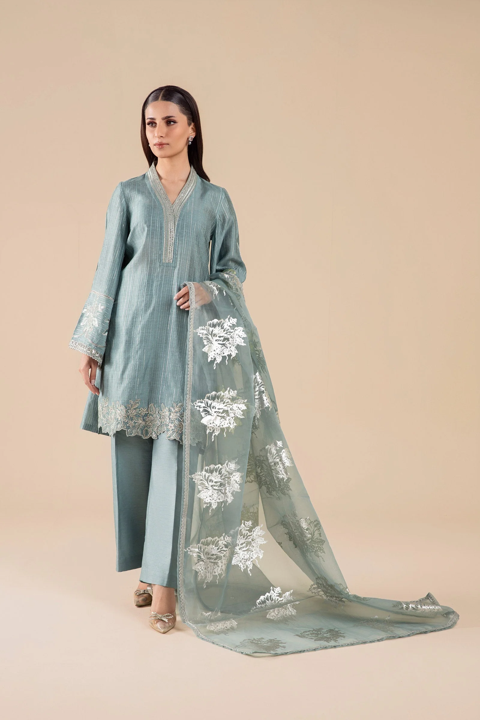 3 Pc Embroidered Two Tone Lurex Silk Suit