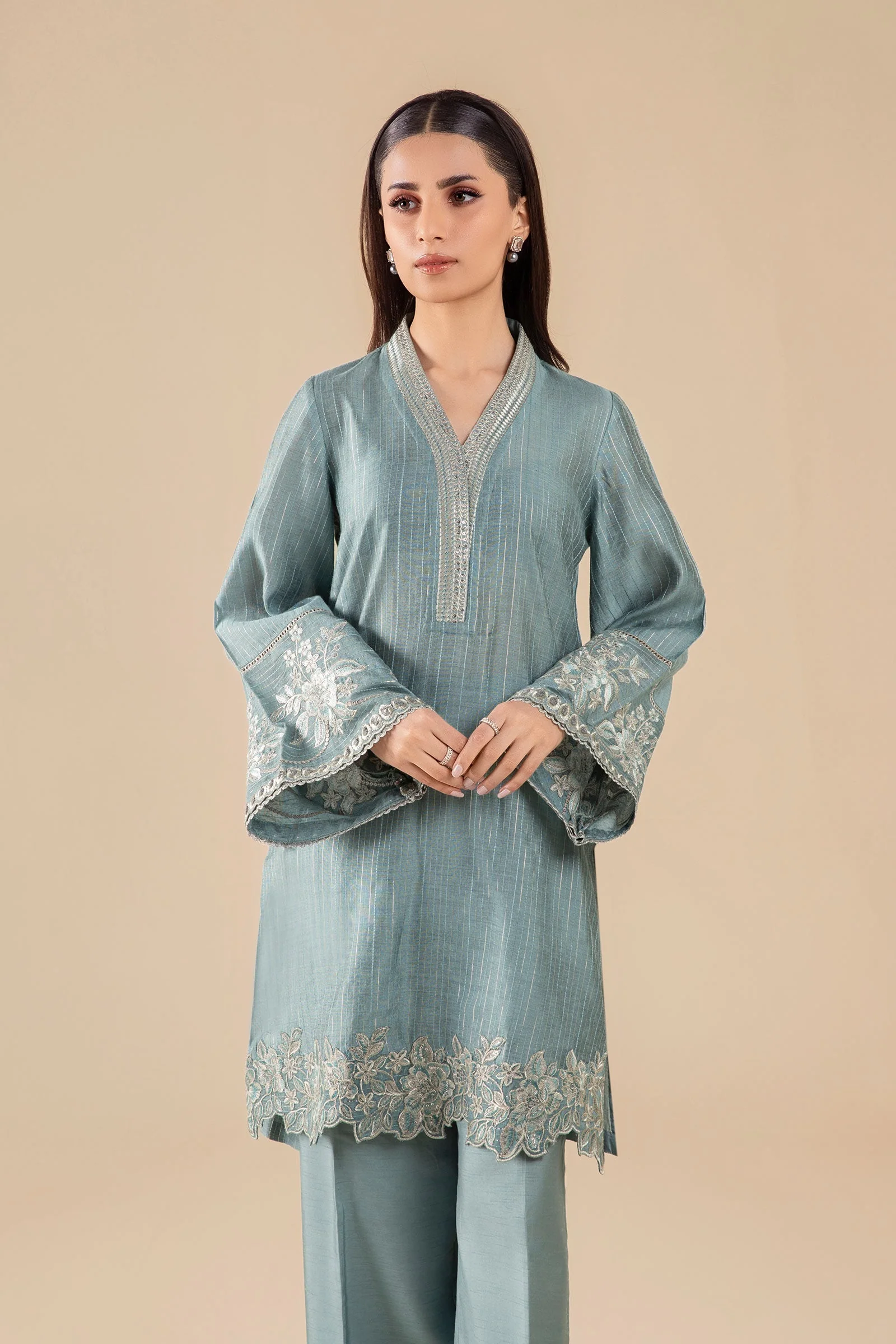 3 Pc Embroidered Two Tone Lurex Silk Suit - Image 2