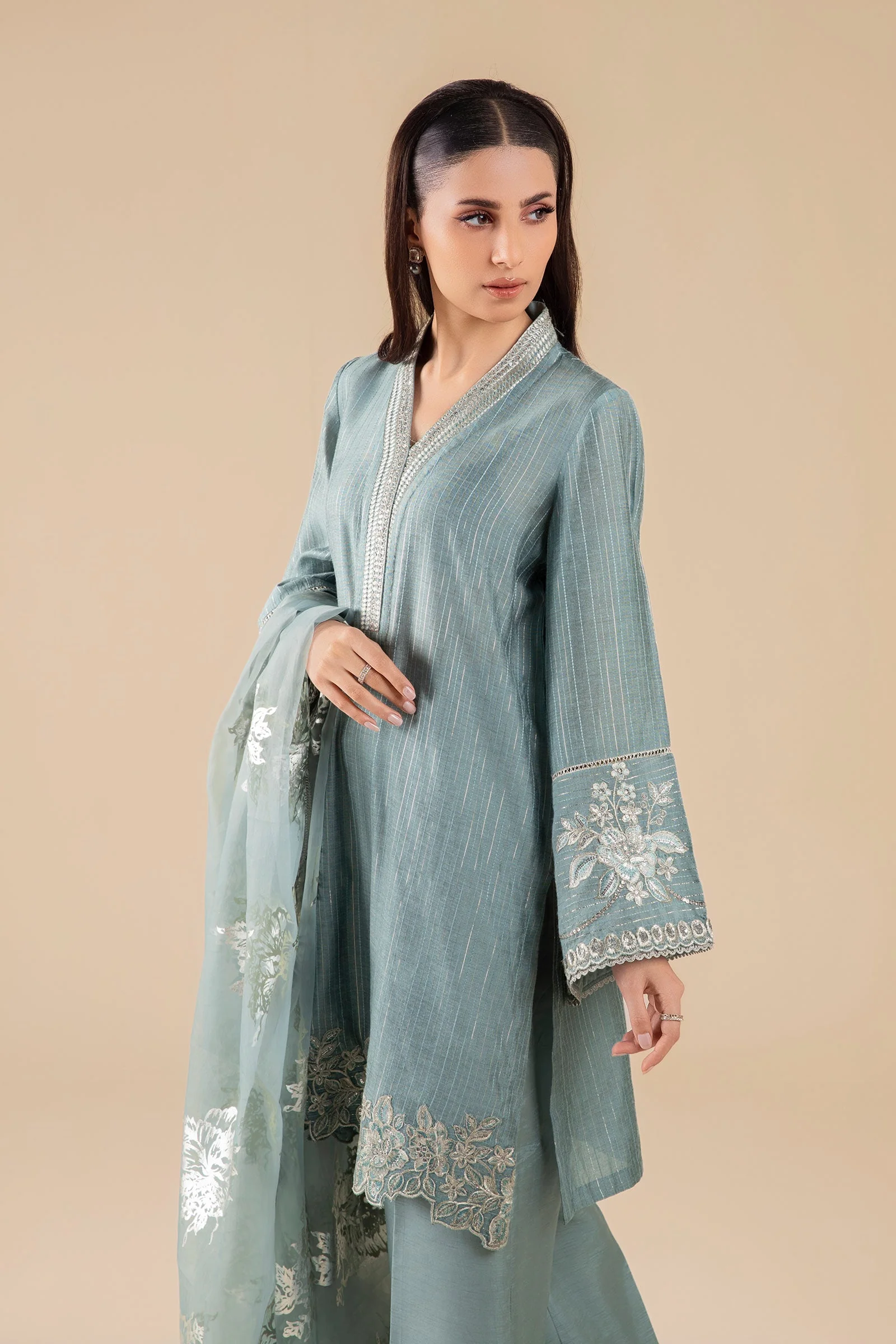 3 Pc Embroidered Two Tone Lurex Silk Suit - Image 3