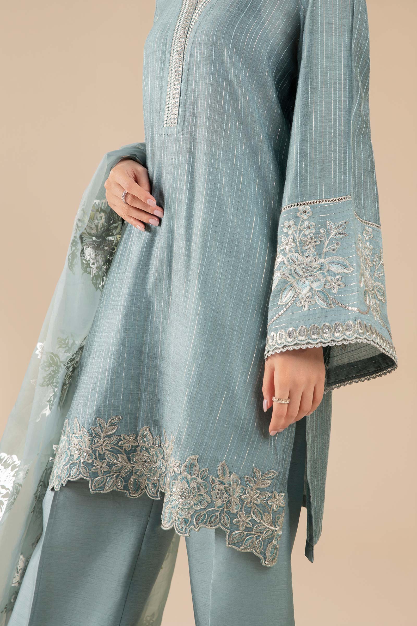 3 Pc Embroidered Two Tone Lurex Silk Suit - Image 4