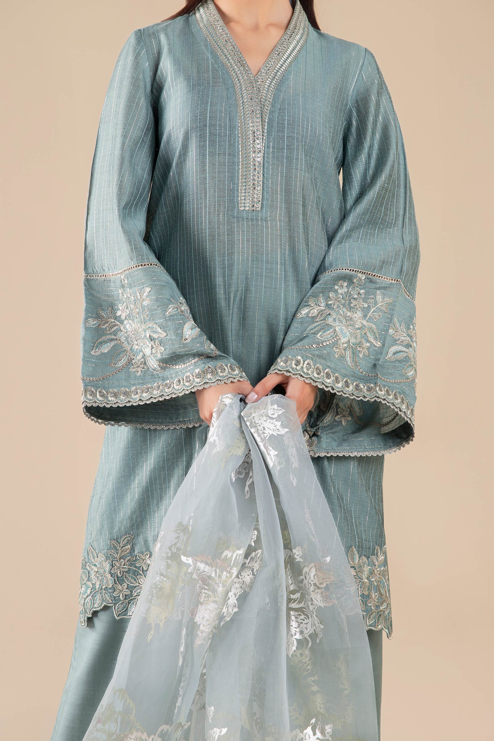 3 Pc Embroidered Two Tone Lurex Silk Suit - Image 5