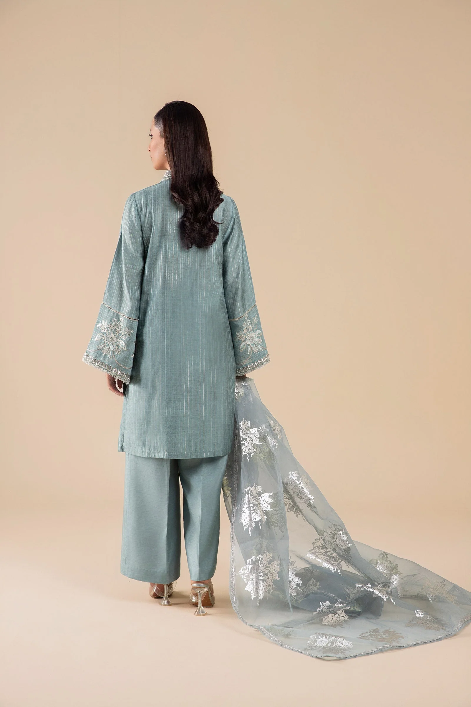3 Pc Embroidered Two Tone Lurex Silk Suit - Image 7