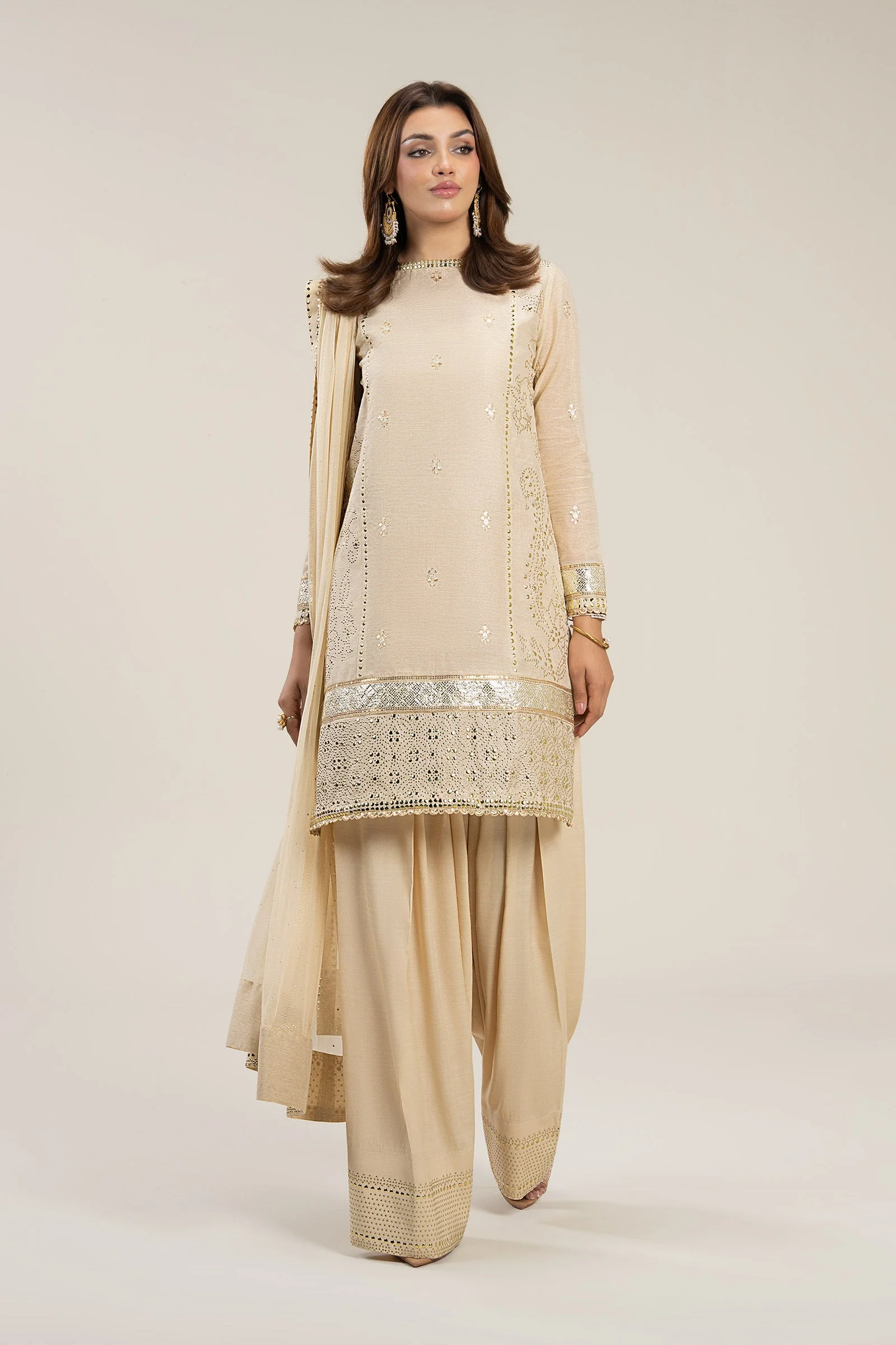 3 Pc Embellished Lurex Pinstripe Suit