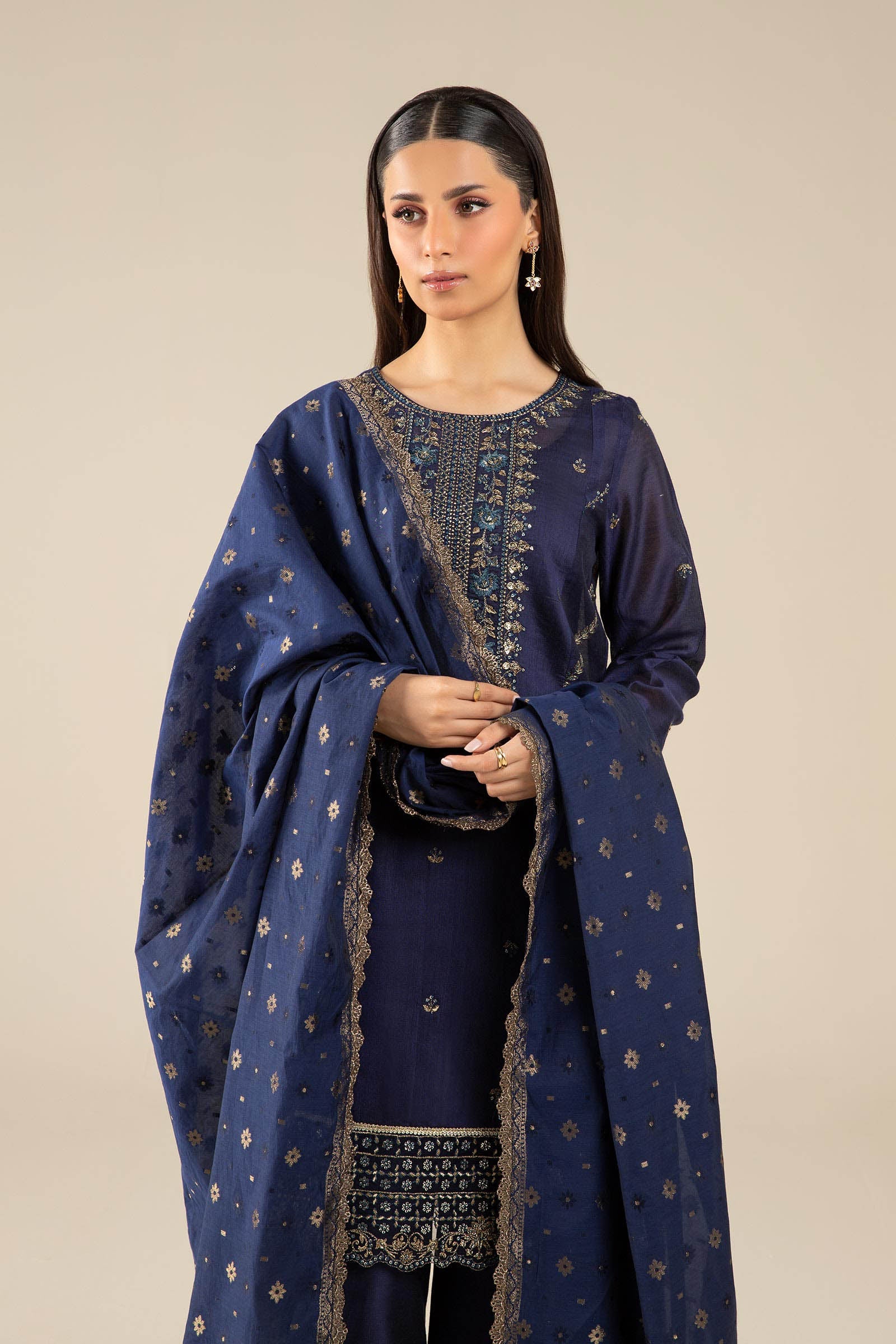 3 Pc Embroidered Two Tone Silk Suit - Image 2