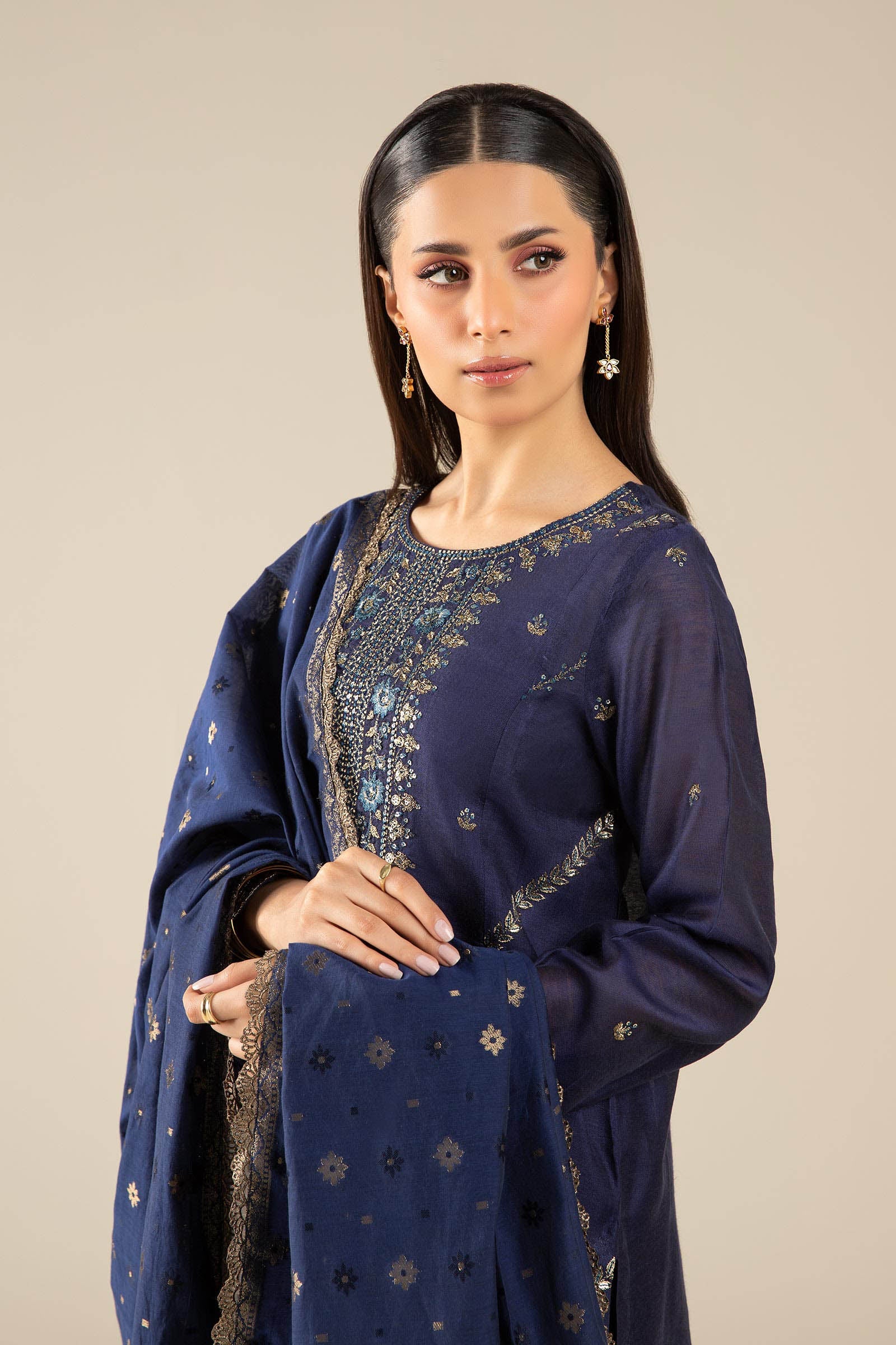 3 Pc Embroidered Two Tone Silk Suit - Image 3