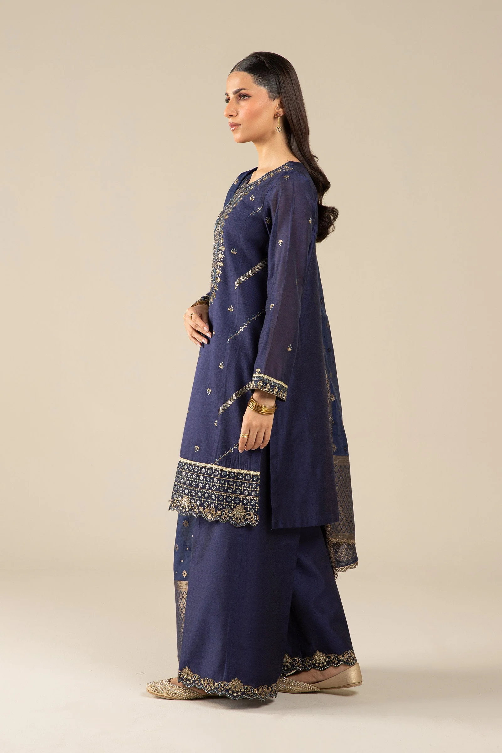 3 Pc Embroidered Two Tone Silk Suit - Image 4