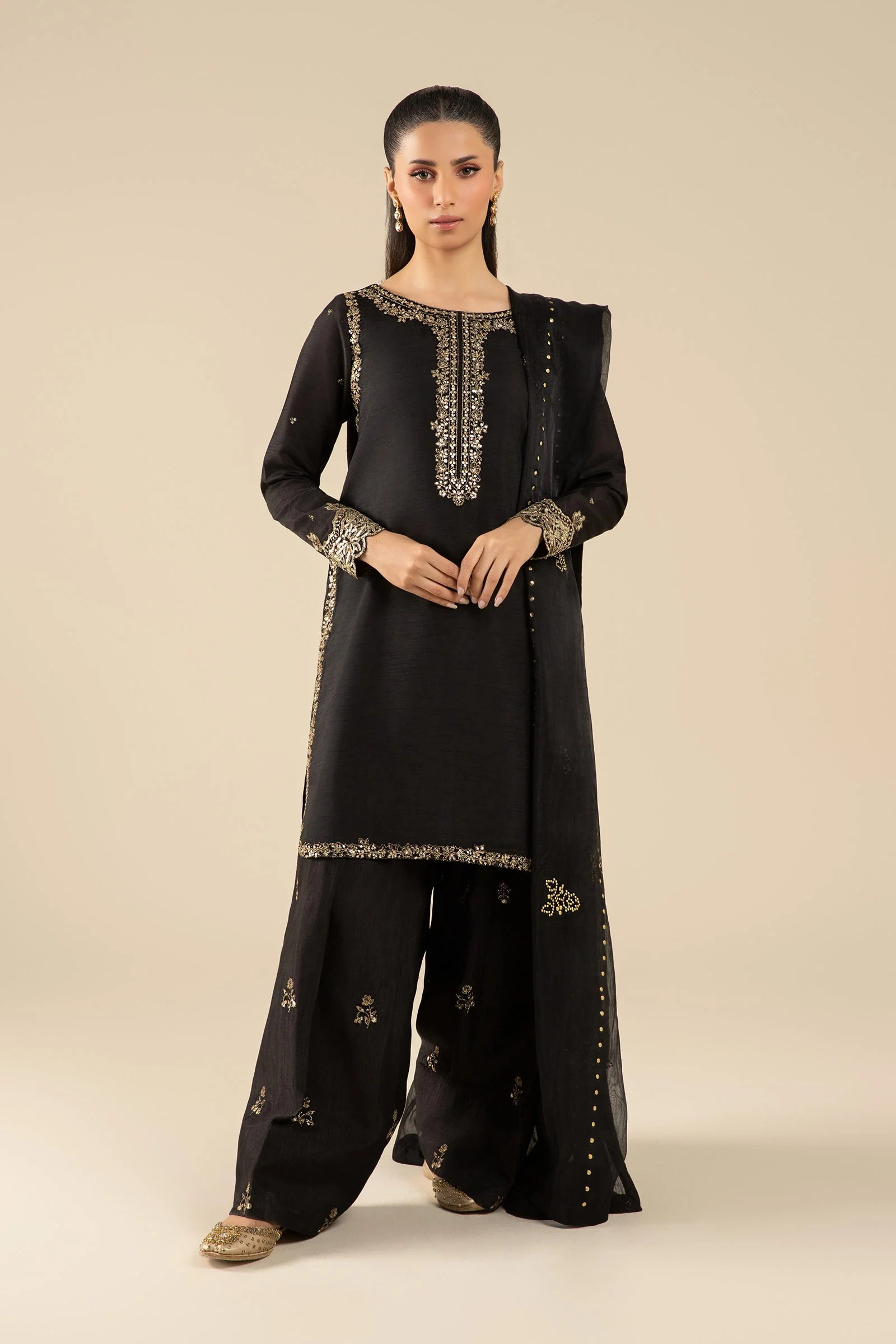 3 Pc Embroidered Raw Silk Suit
