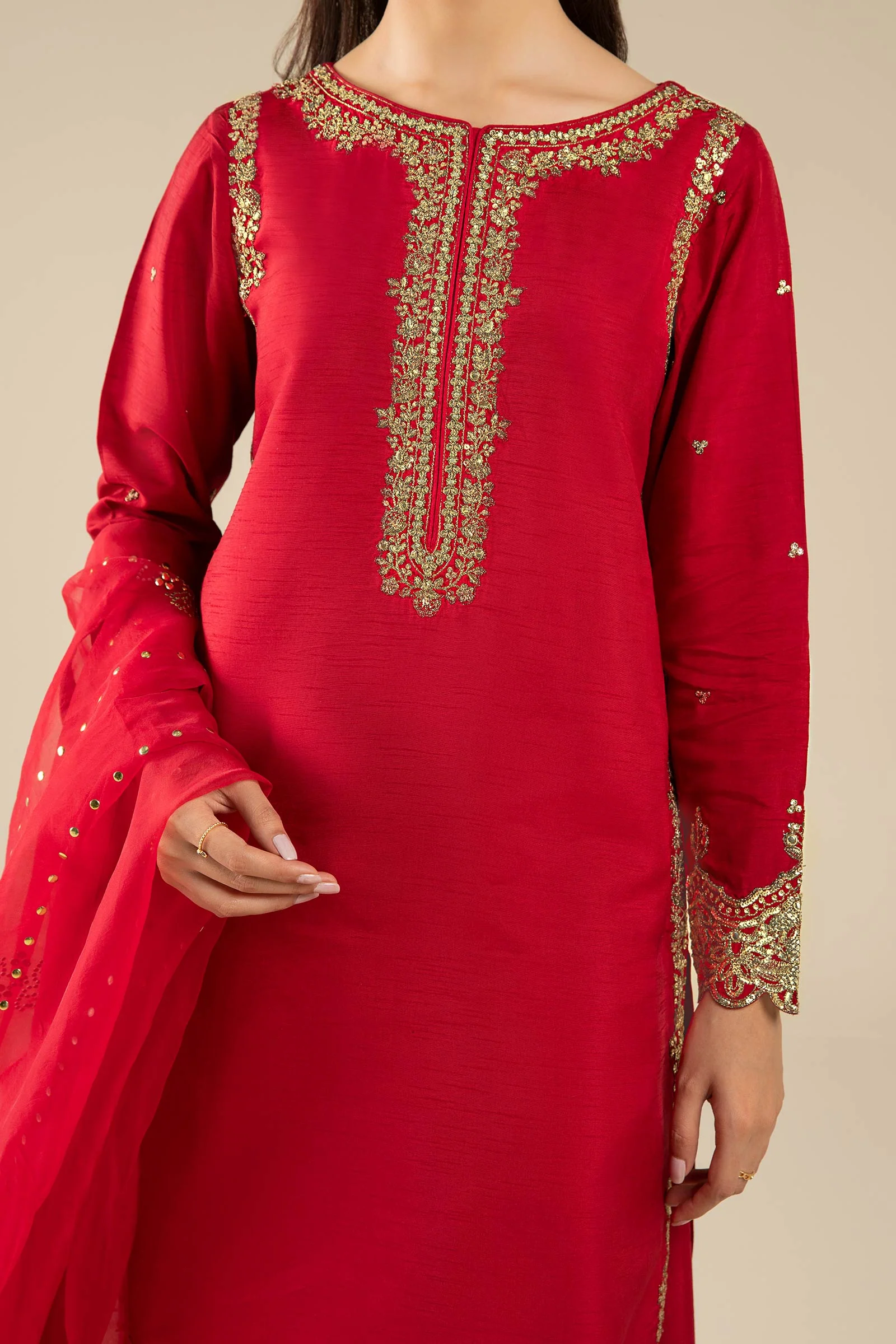 3 Pc Embroidered Raw Silk Suit - Image 5