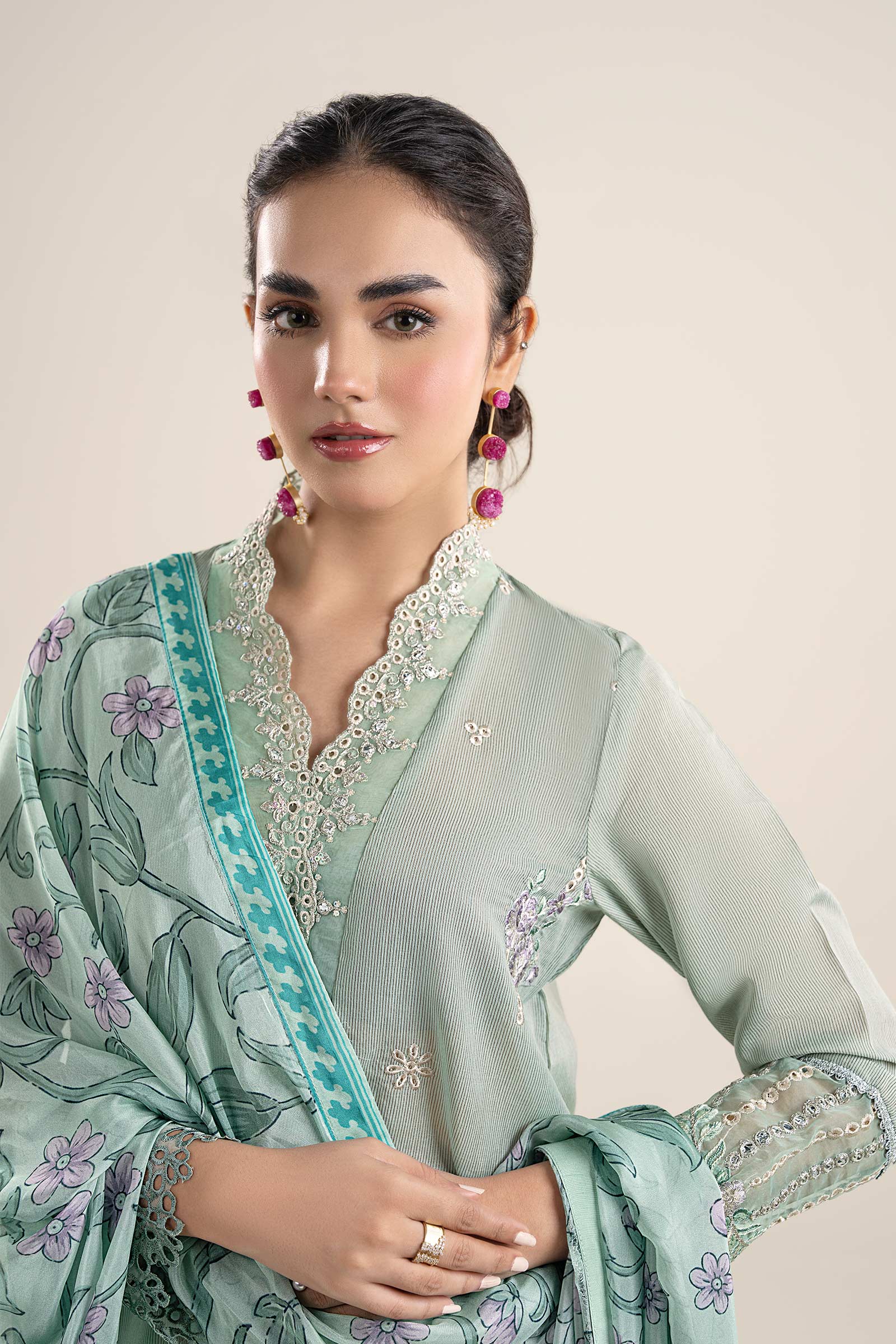 3 Pc Embroidered Lurex Pinstripe Suit - Image 3