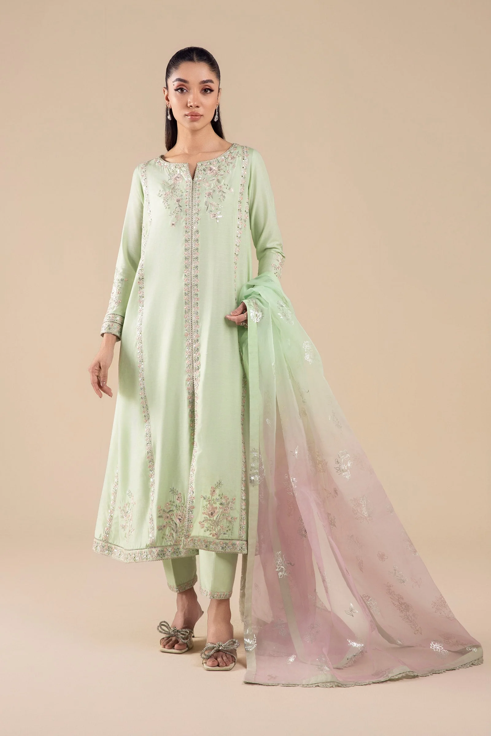 3 Pc Embroidered Two Tone Silk Suit