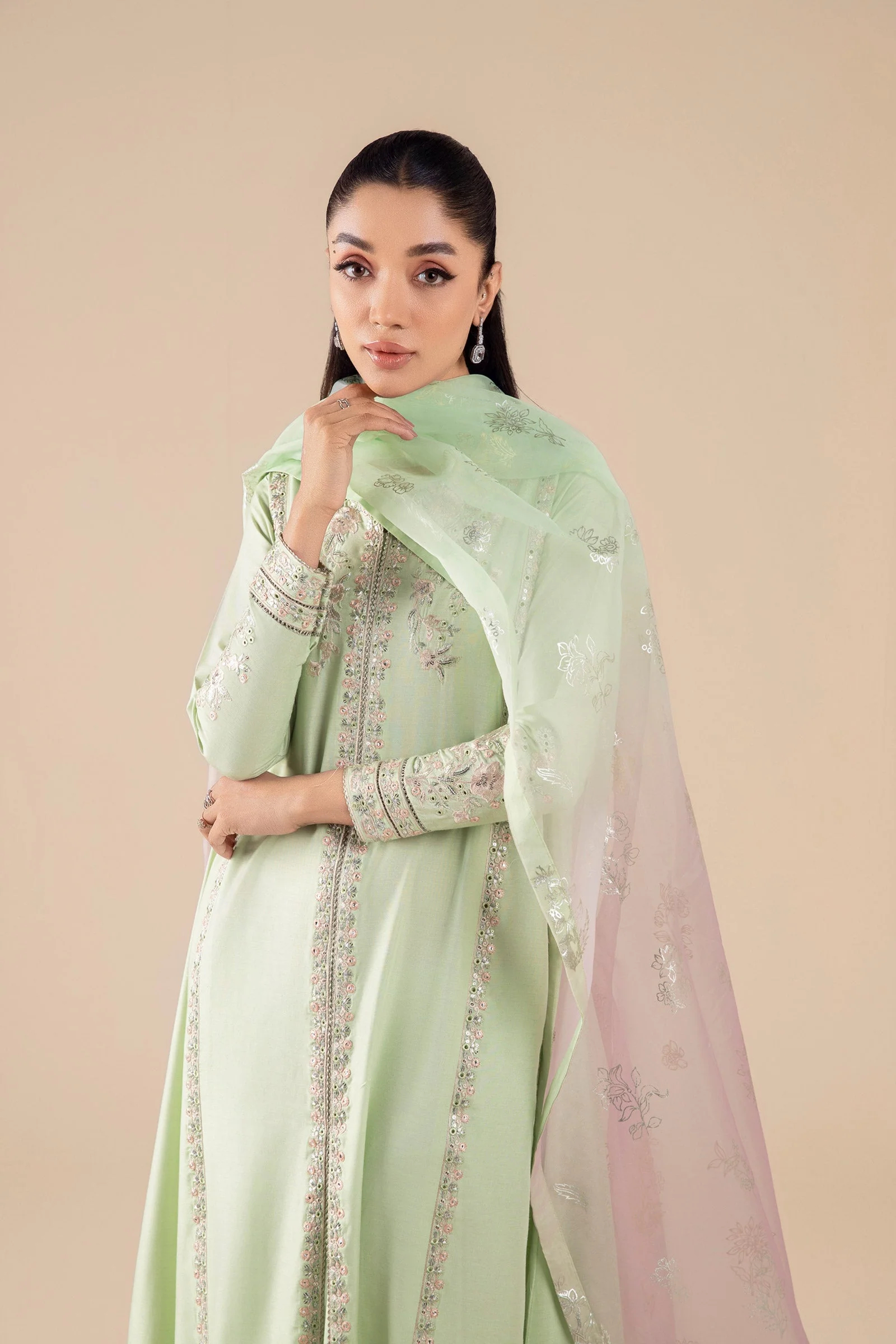 3 Pc Embroidered Two Tone Silk Suit - Image 2