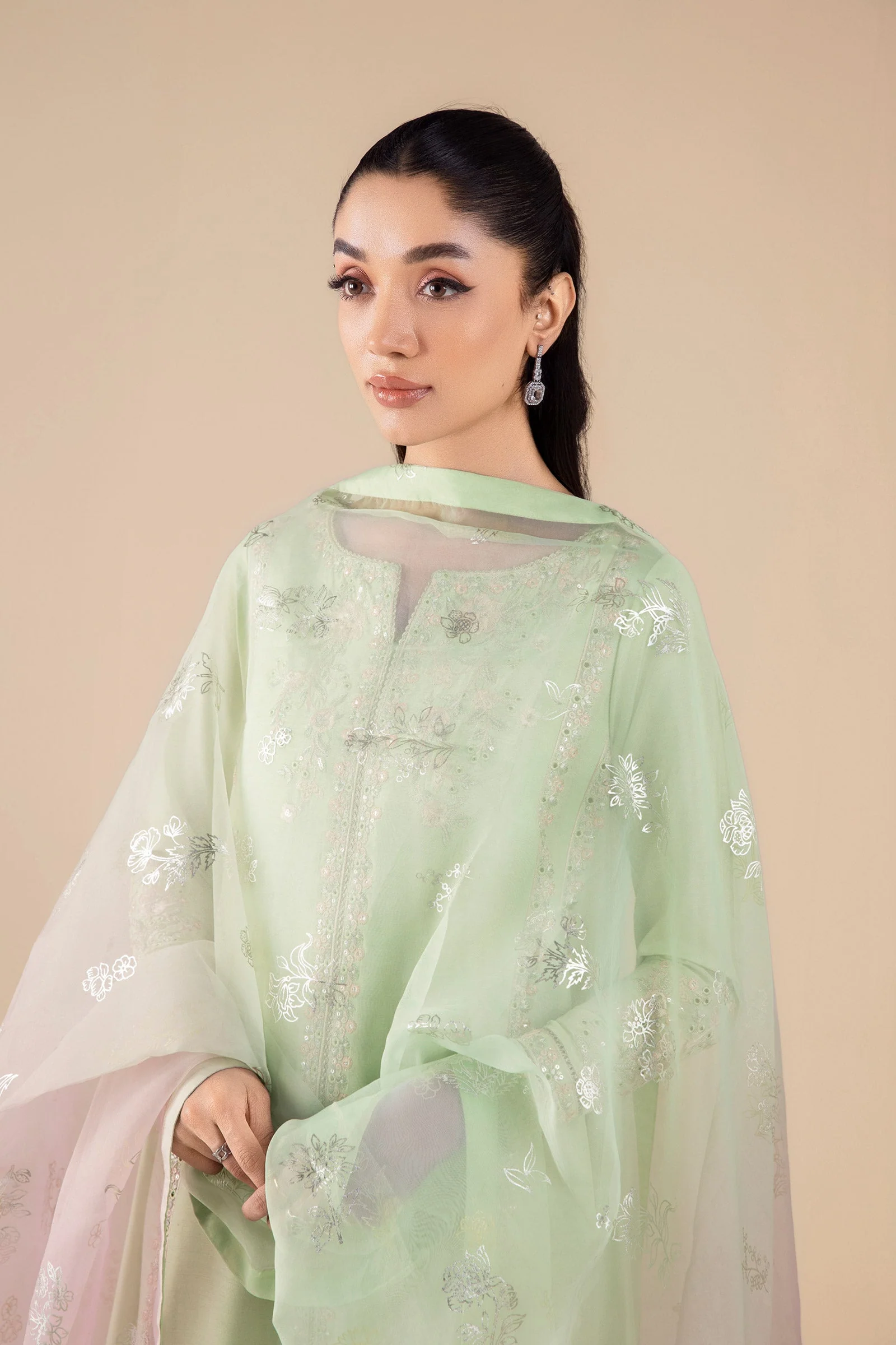 3 Pc Embroidered Two Tone Silk Suit - Image 3