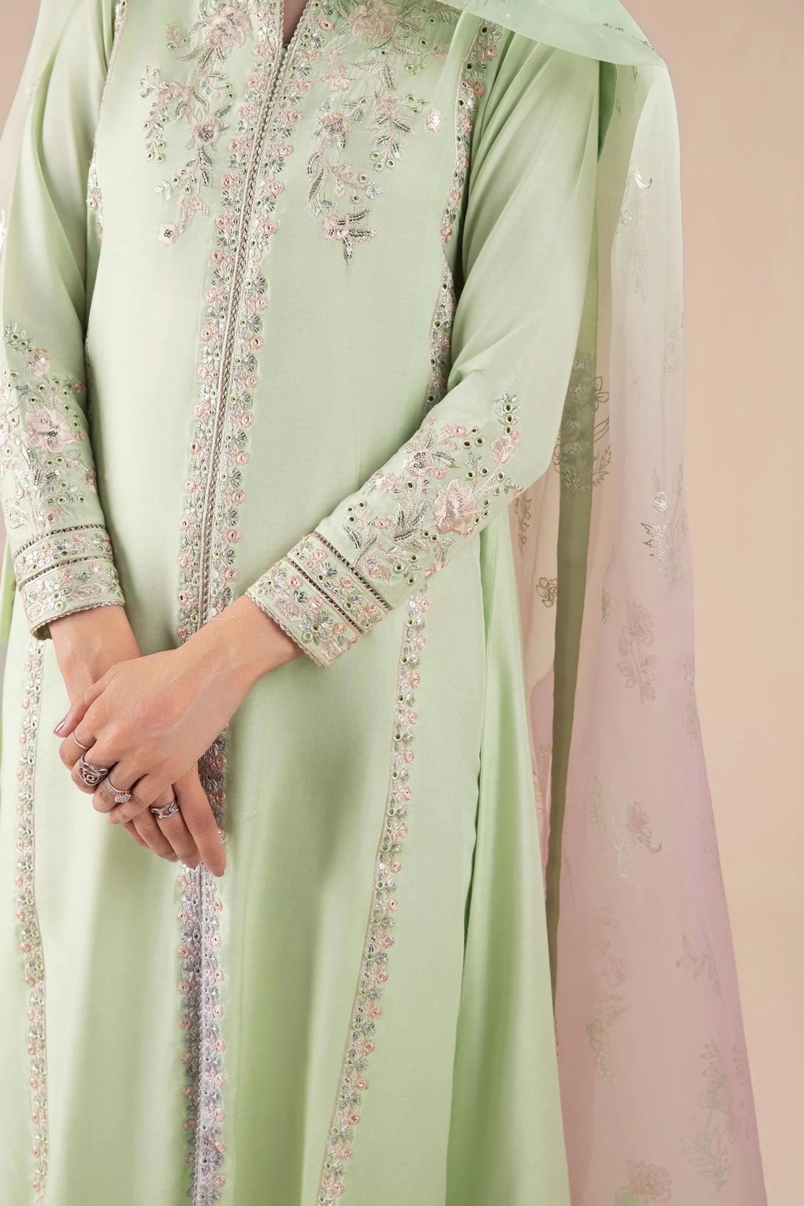 3 Pc Embroidered Two Tone Silk Suit - Image 4