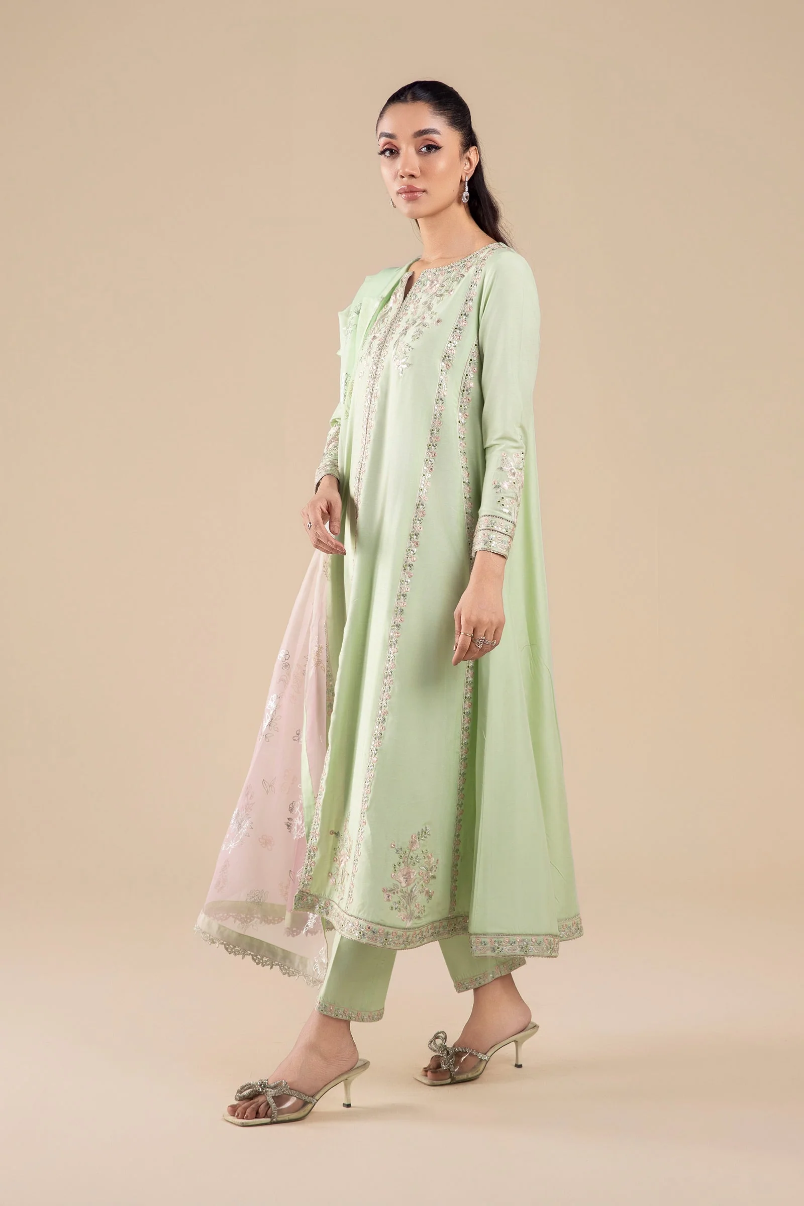 3 Pc Embroidered Two Tone Silk Suit - Image 5