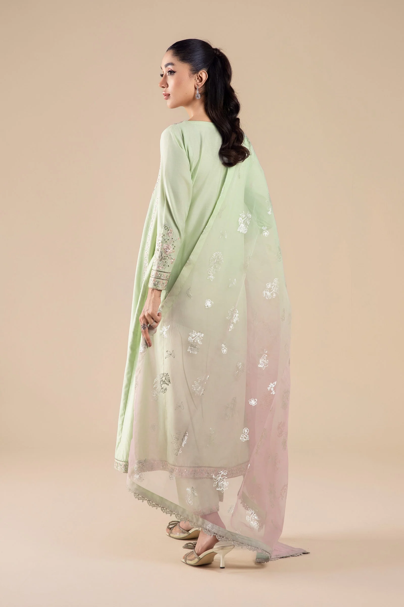 3 Pc Embroidered Two Tone Silk Suit - Image 6