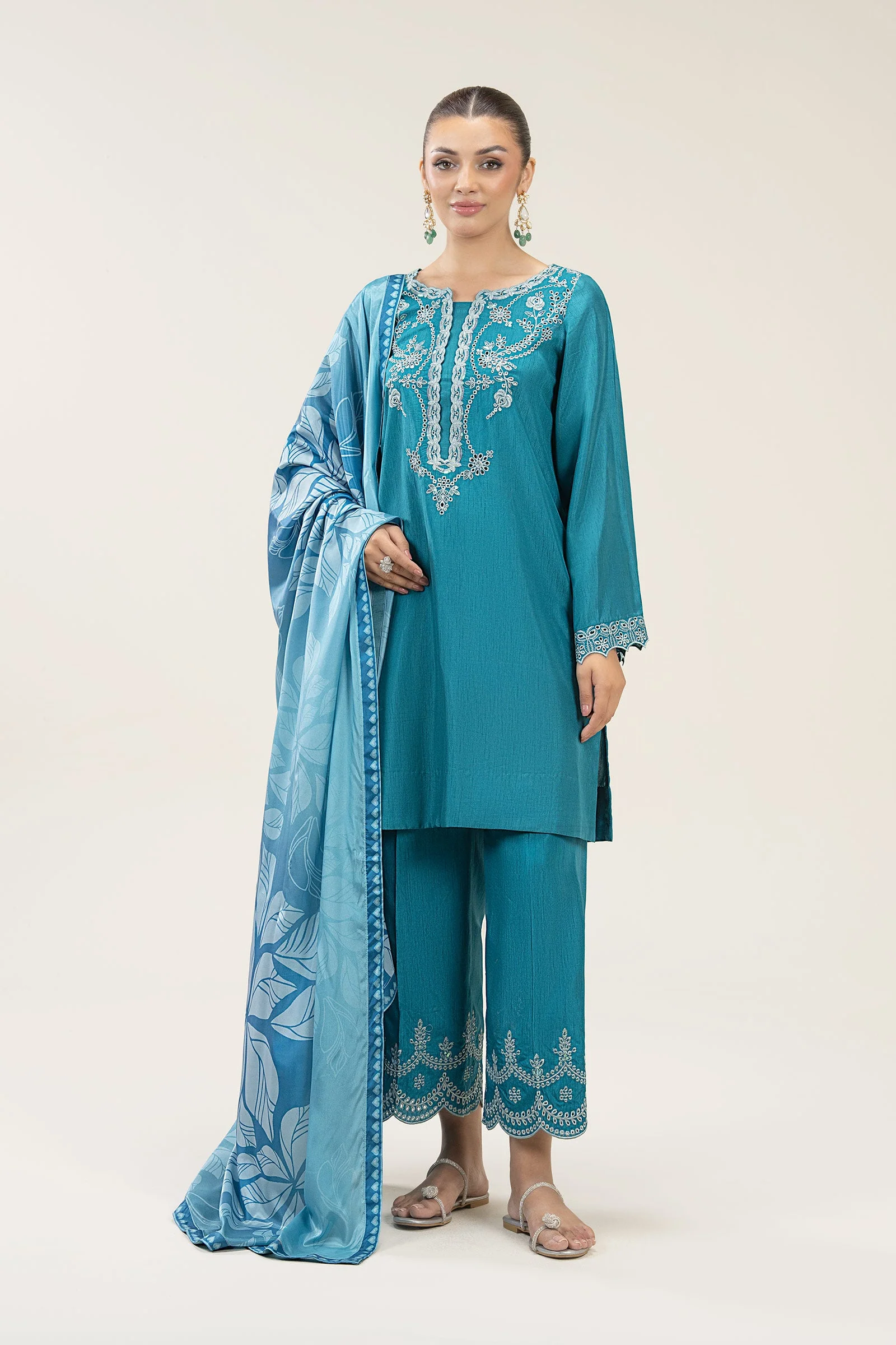 3 Pc Embroidered Bamberg Raw Silk Suit