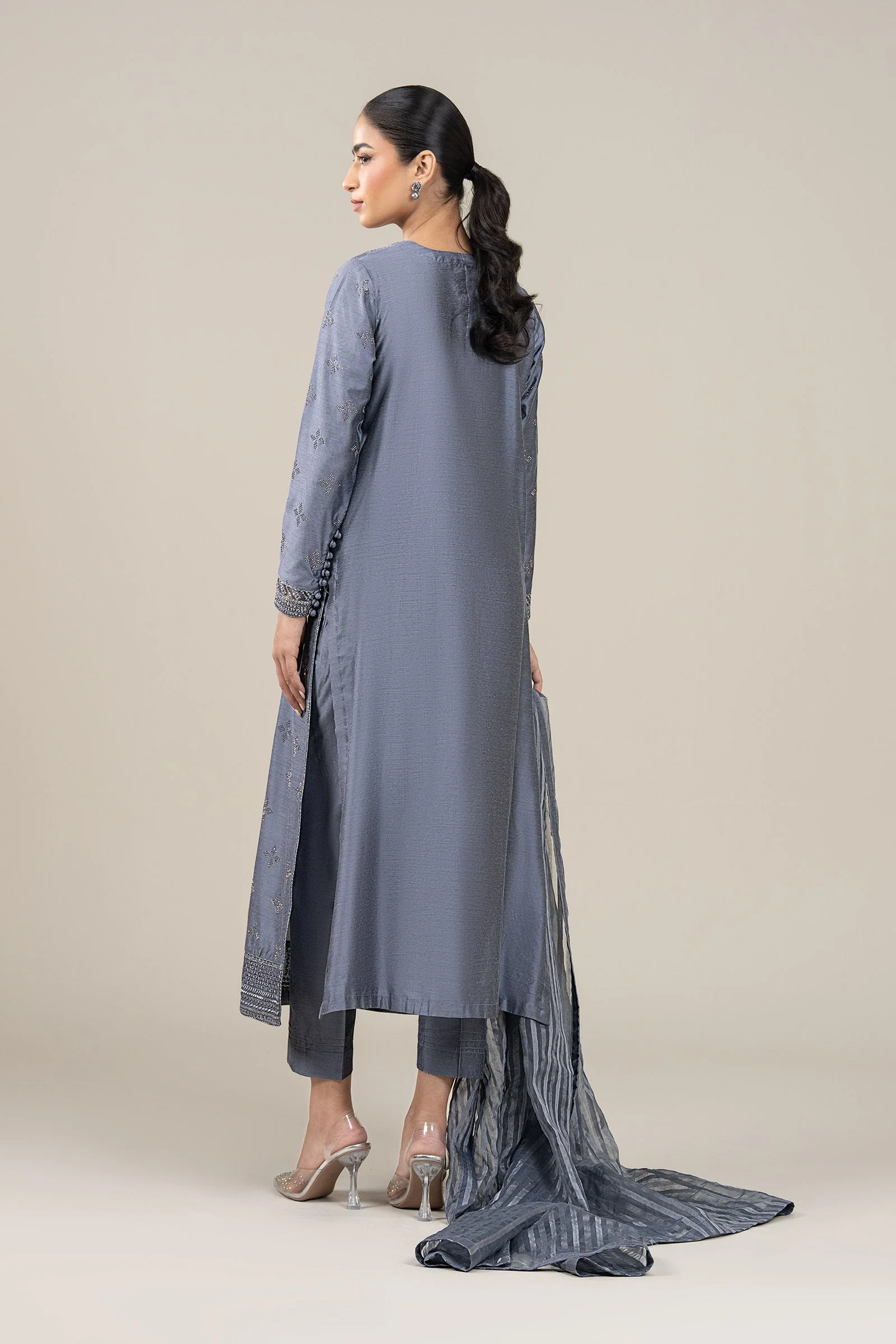 3 Pc Embroidered Two Tone Silk Suit - Image 5