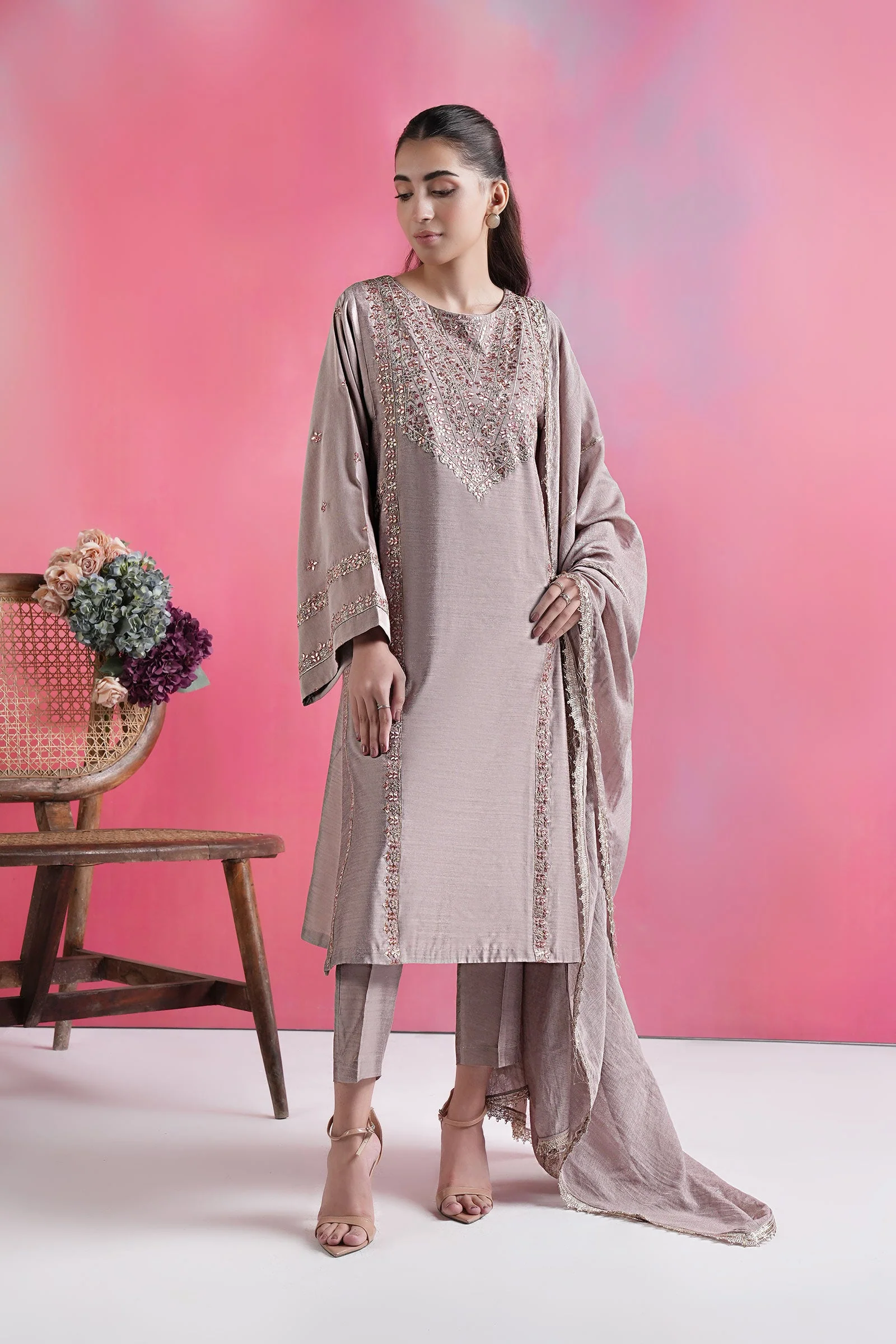 3 Pc Embroidered Two Tone Silk Suit - Image 2