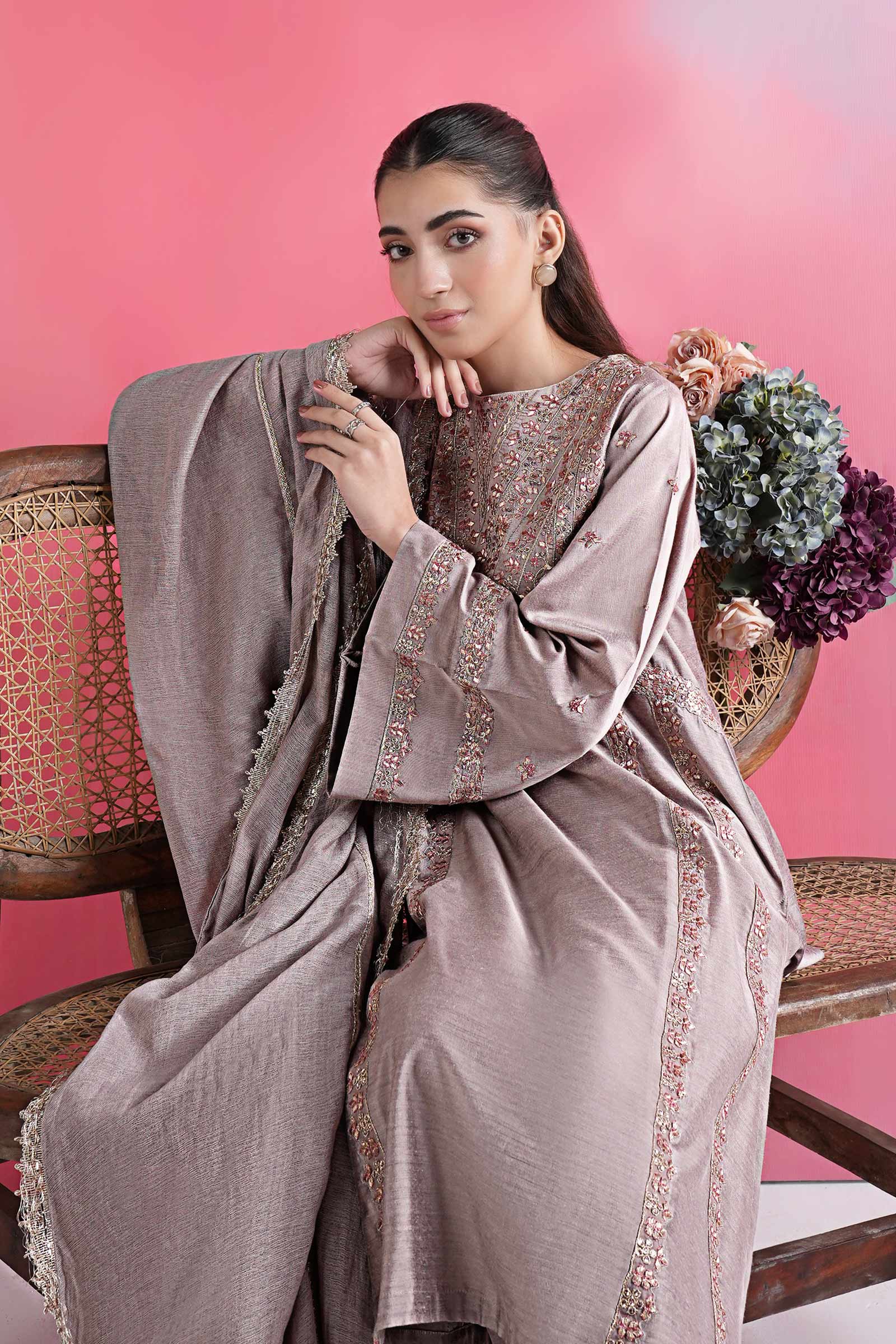 3 Pc Embroidered Two Tone Silk Suit - Image 3