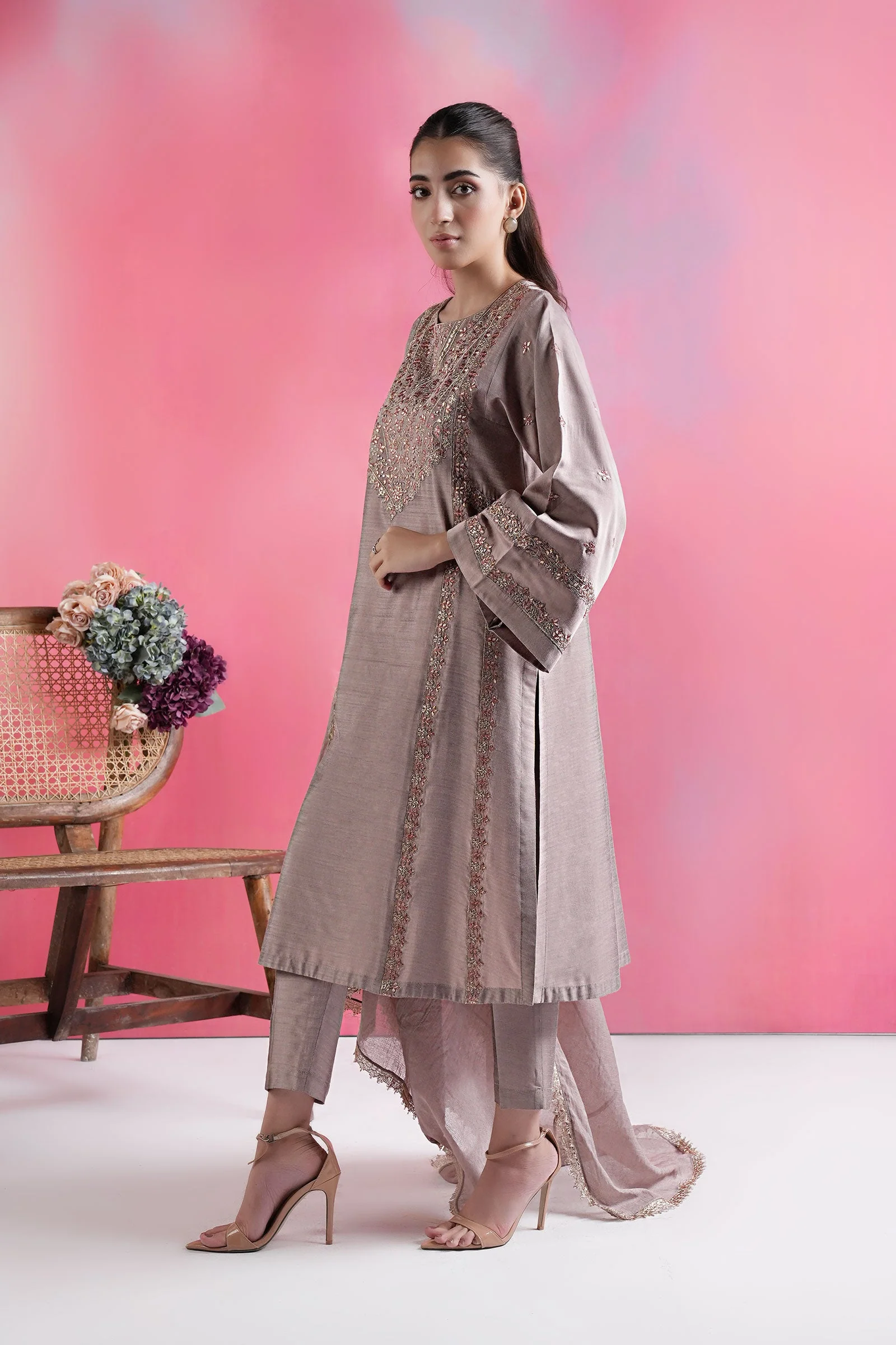 3 Pc Embroidered Two Tone Silk Suit - Image 4