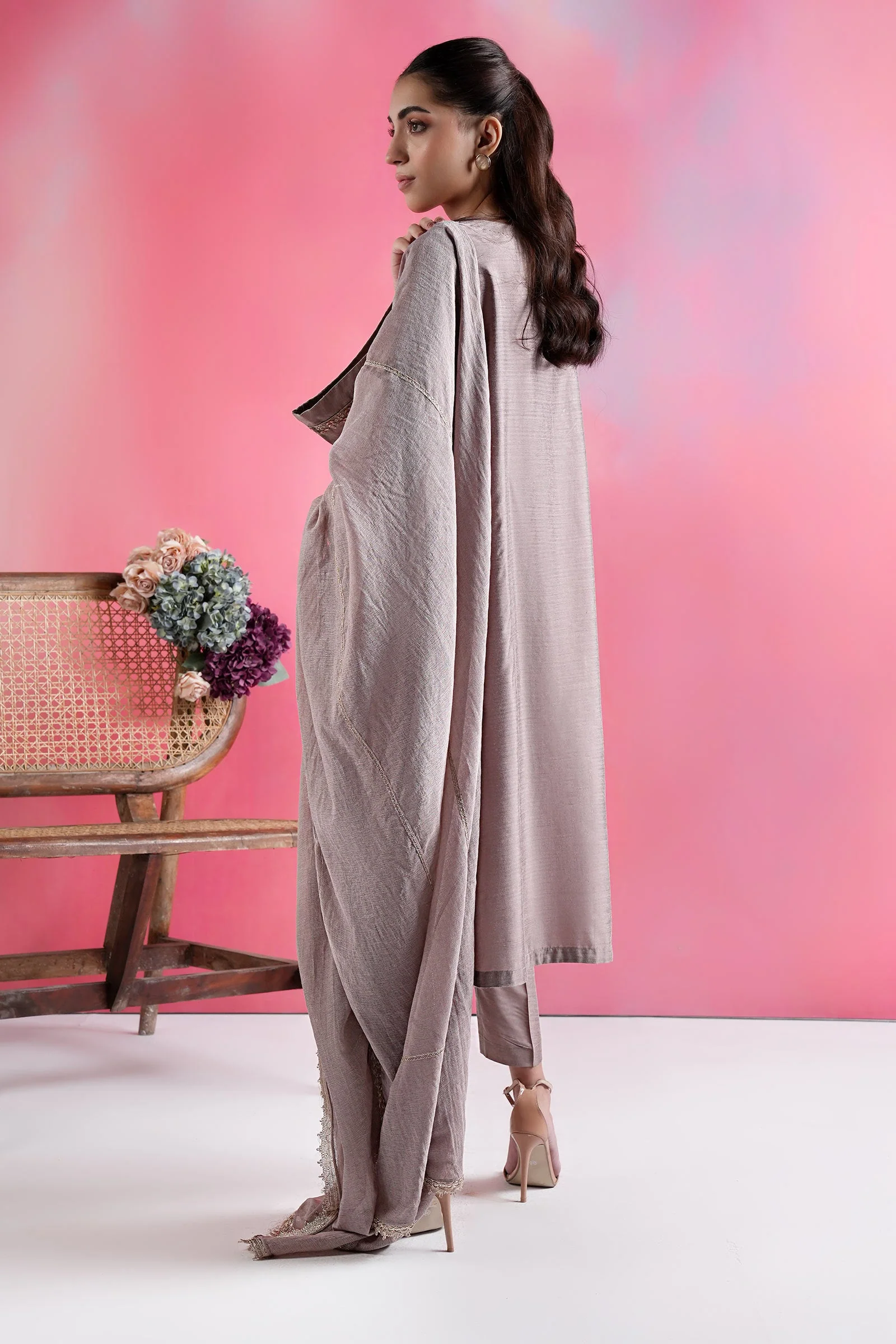 3 Pc Embroidered Two Tone Silk Suit - Image 5