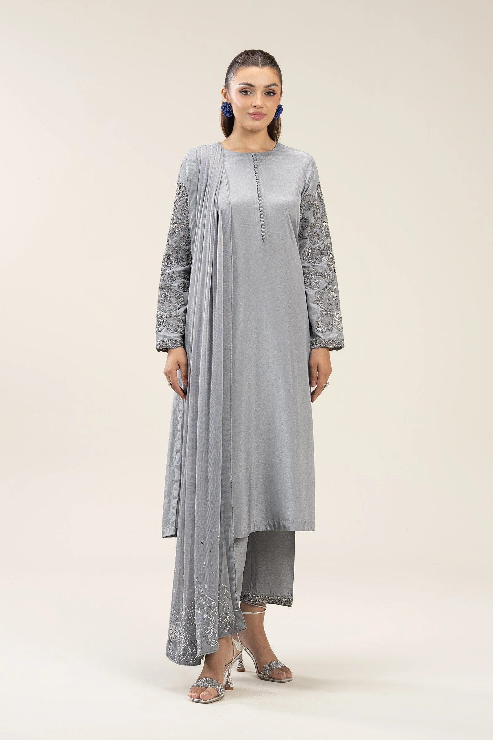 3 Pc Embroidered Bamberg Raw Silk Suit - Image 2