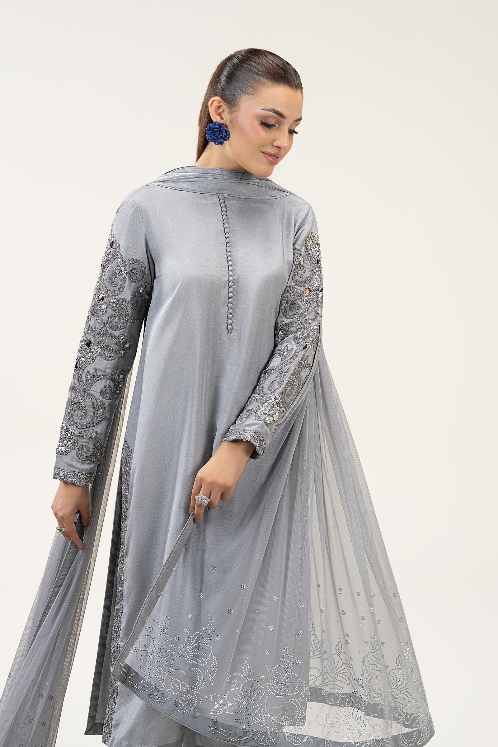 3 Pc Embroidered Bamberg Raw Silk Suit - Image 3