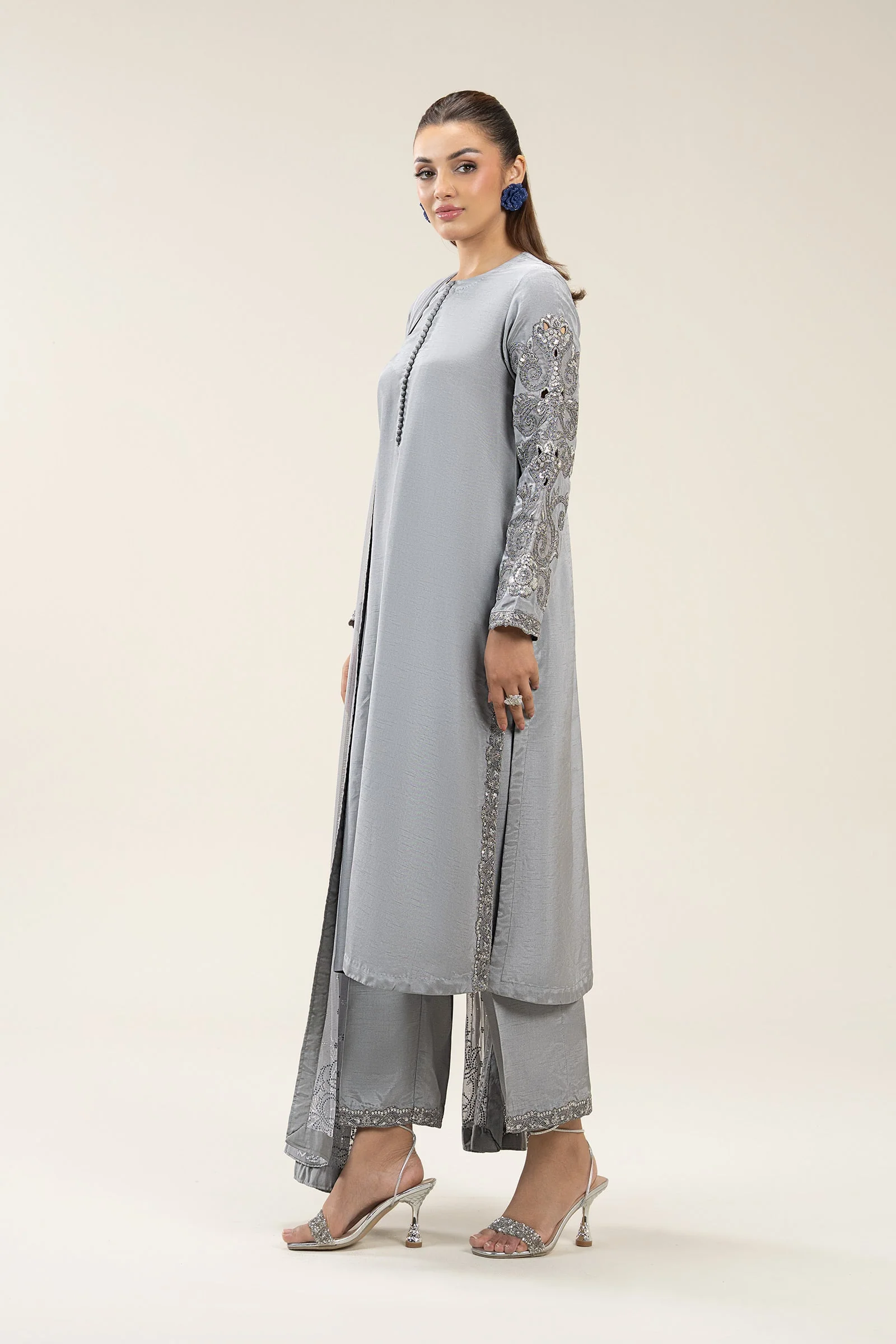 3 Pc Embroidered Bamberg Raw Silk Suit - Image 5