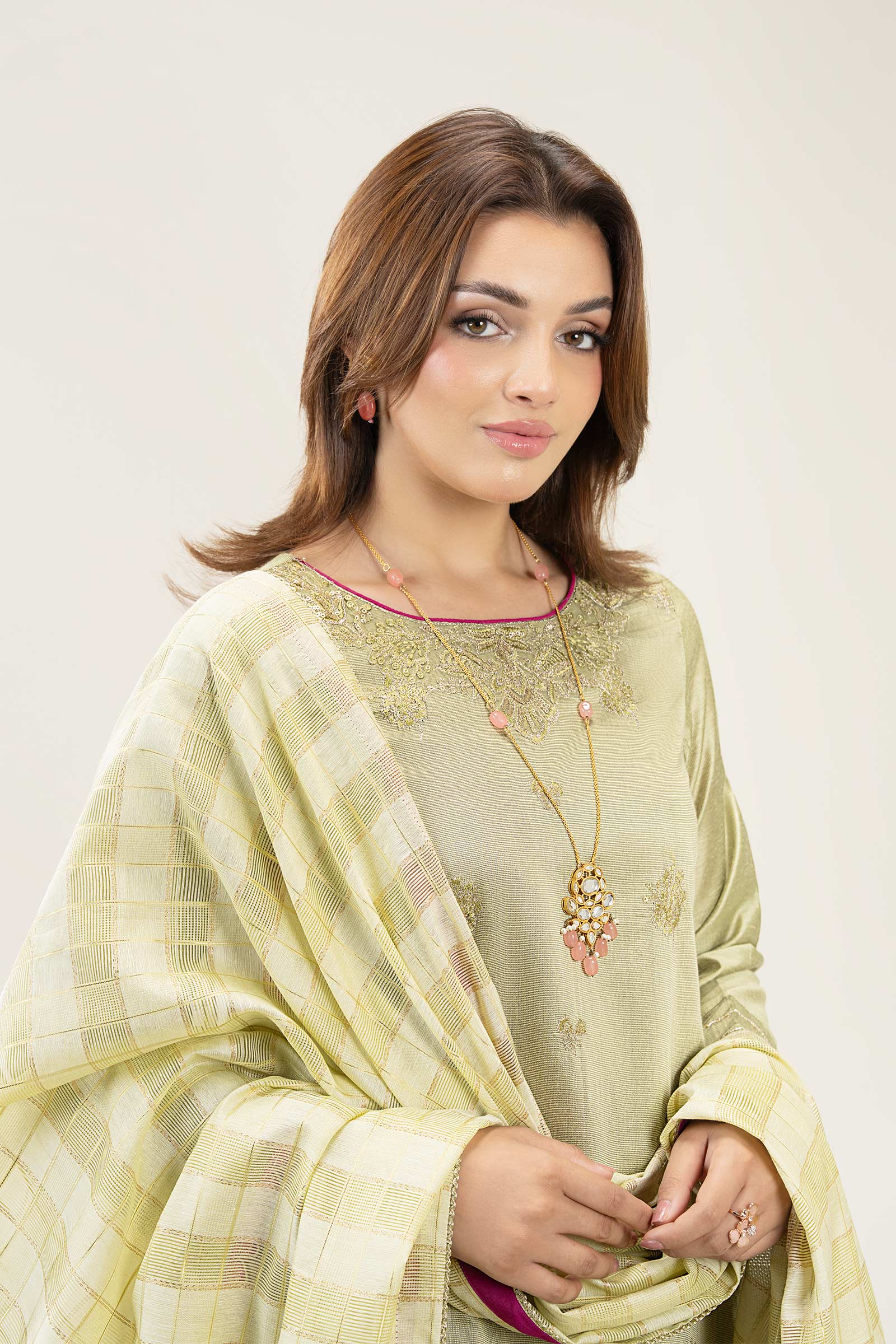 3 Pc Embroidered Two Tone Silk Suit - Image 2