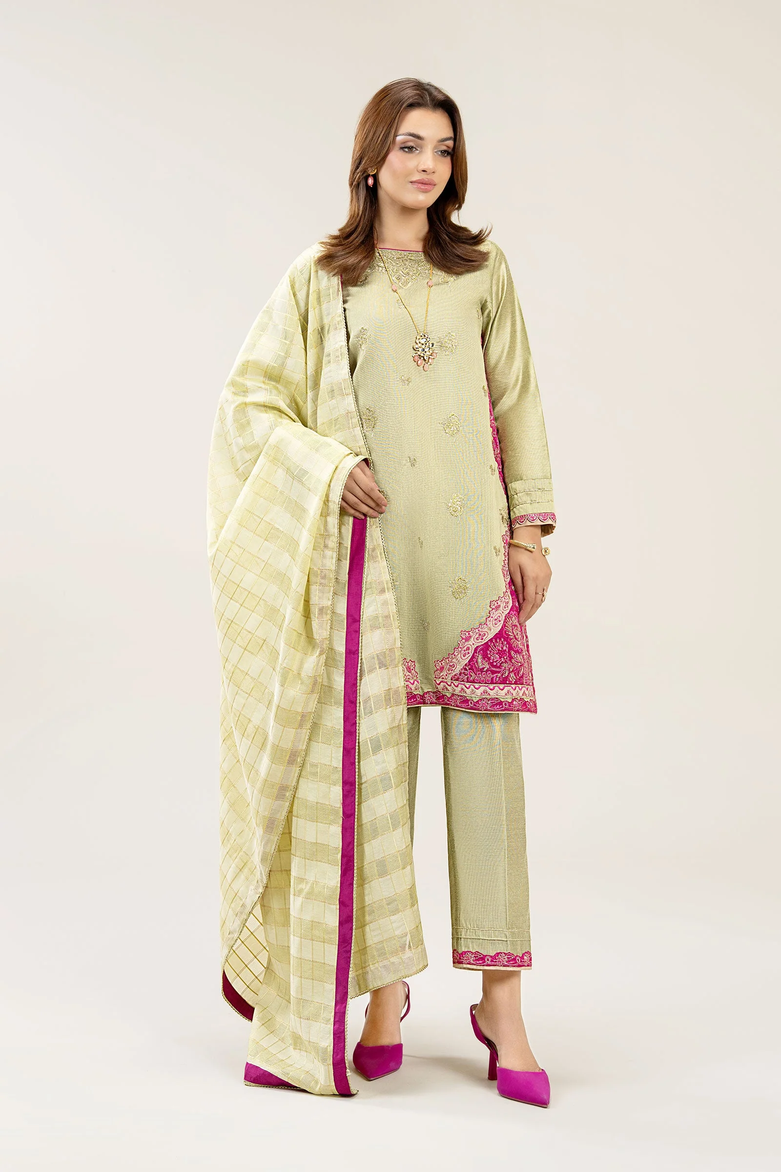 3 Pc Embroidered Two Tone Silk Suit - Image 3