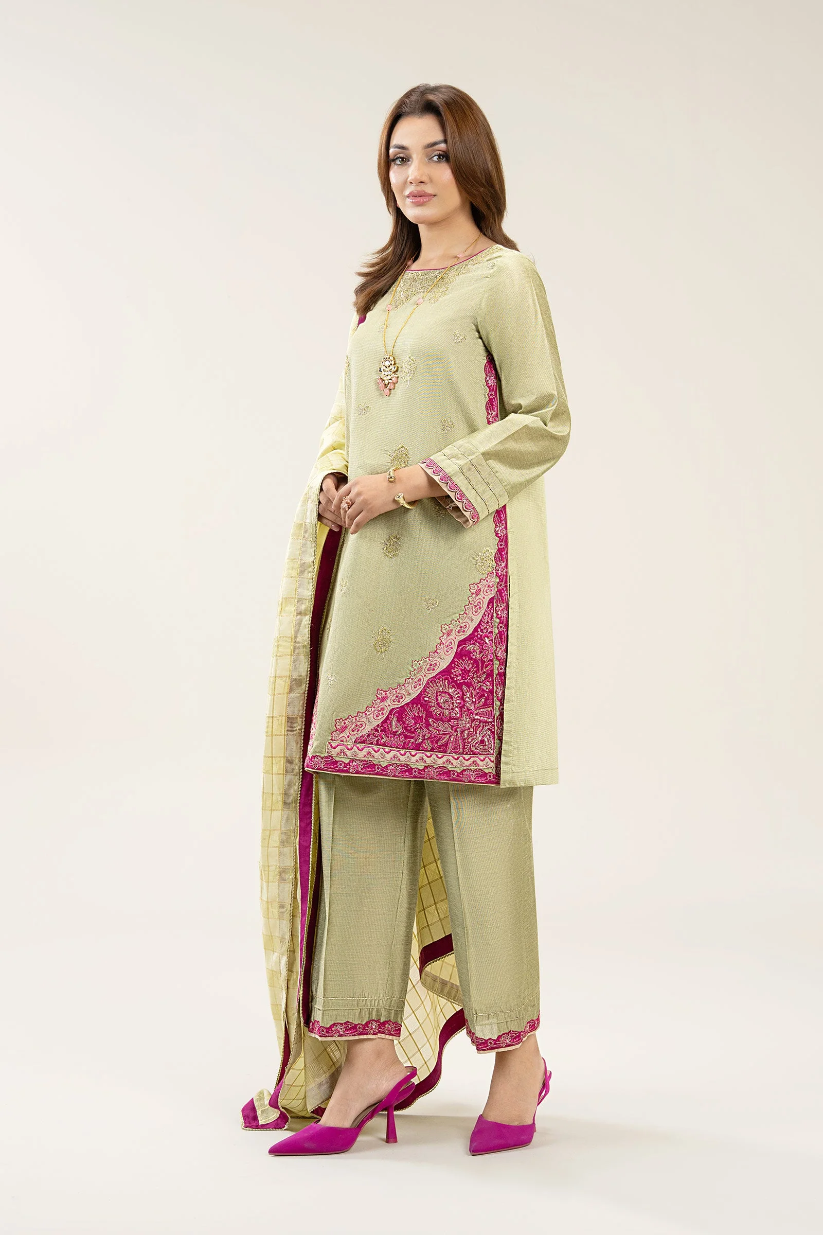 3 Pc Embroidered Two Tone Silk Suit - Image 5