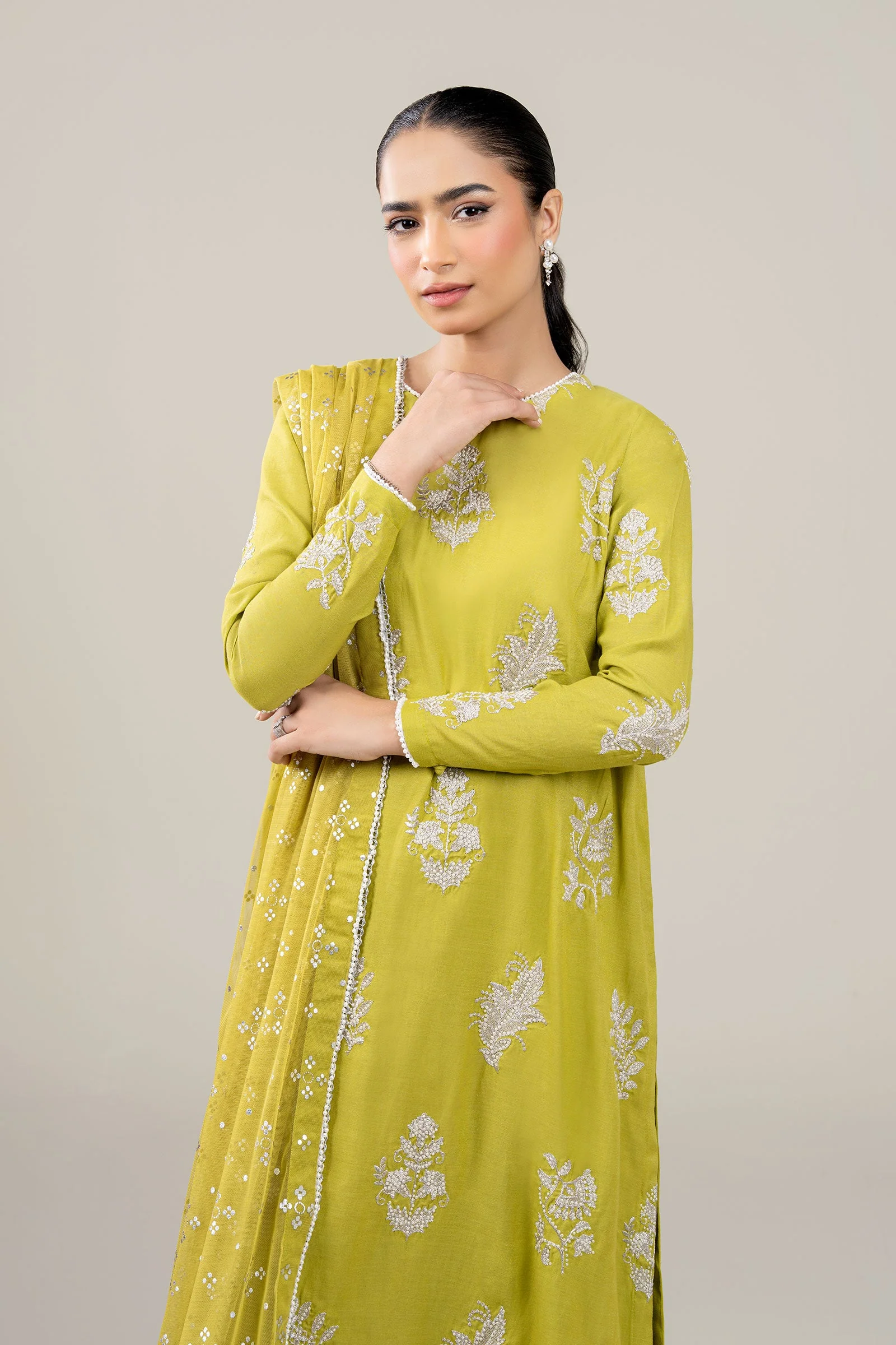 3 Pc Embroidered Shimmer Silk Suit - Image 2