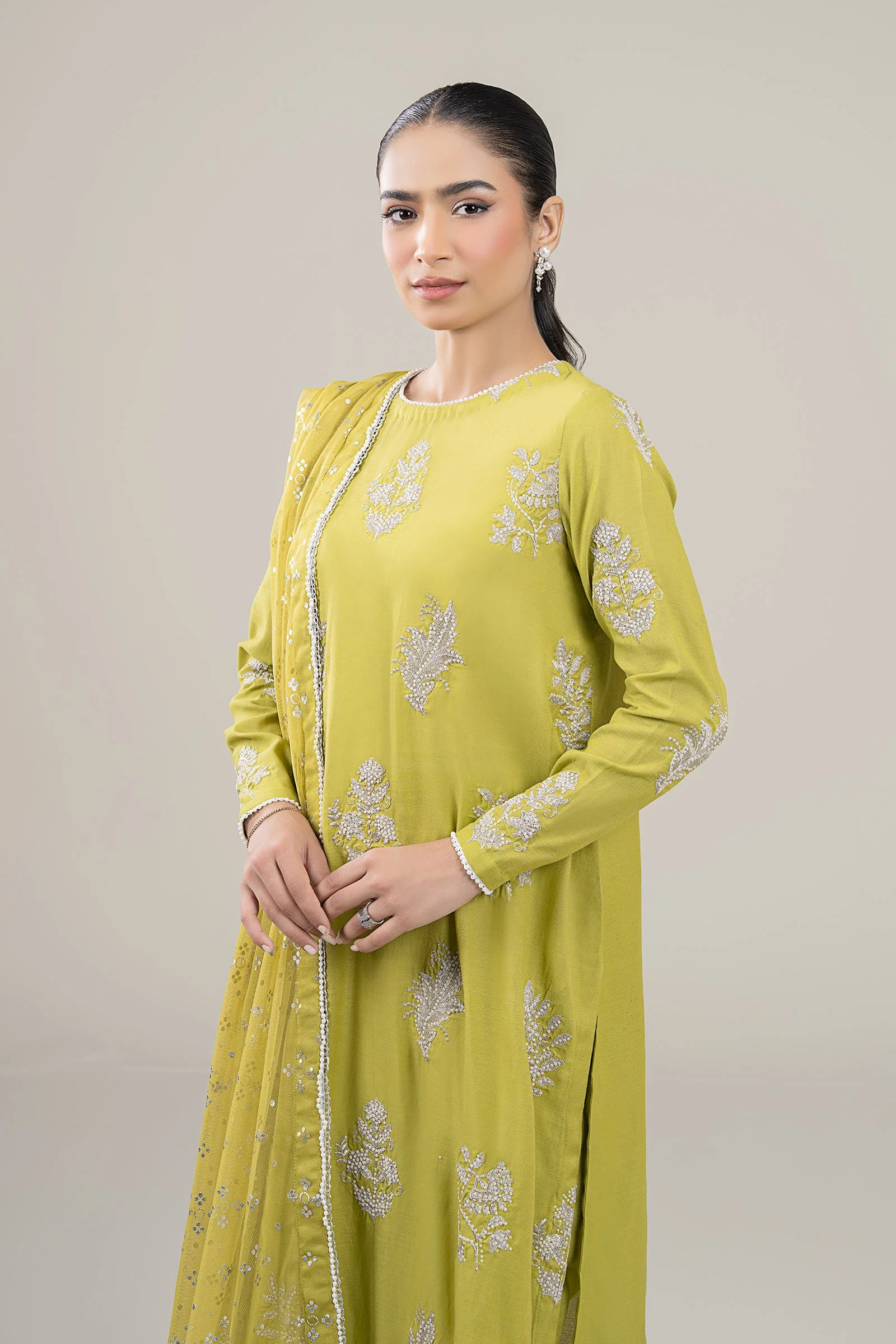 3 Pc Embroidered Shimmer Silk Suit - Image 3