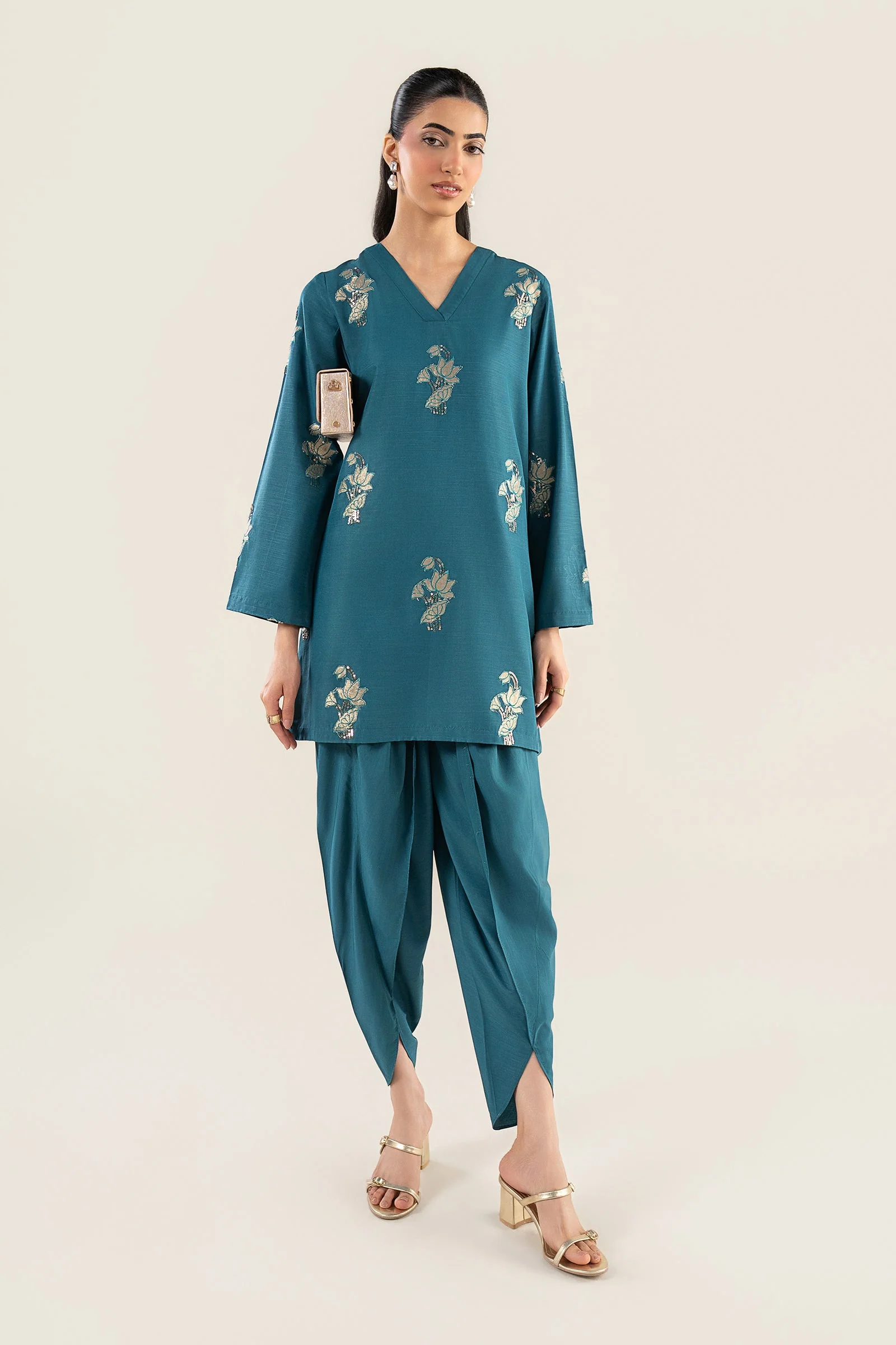 3 Pc Embroidered Raw Silk Suit