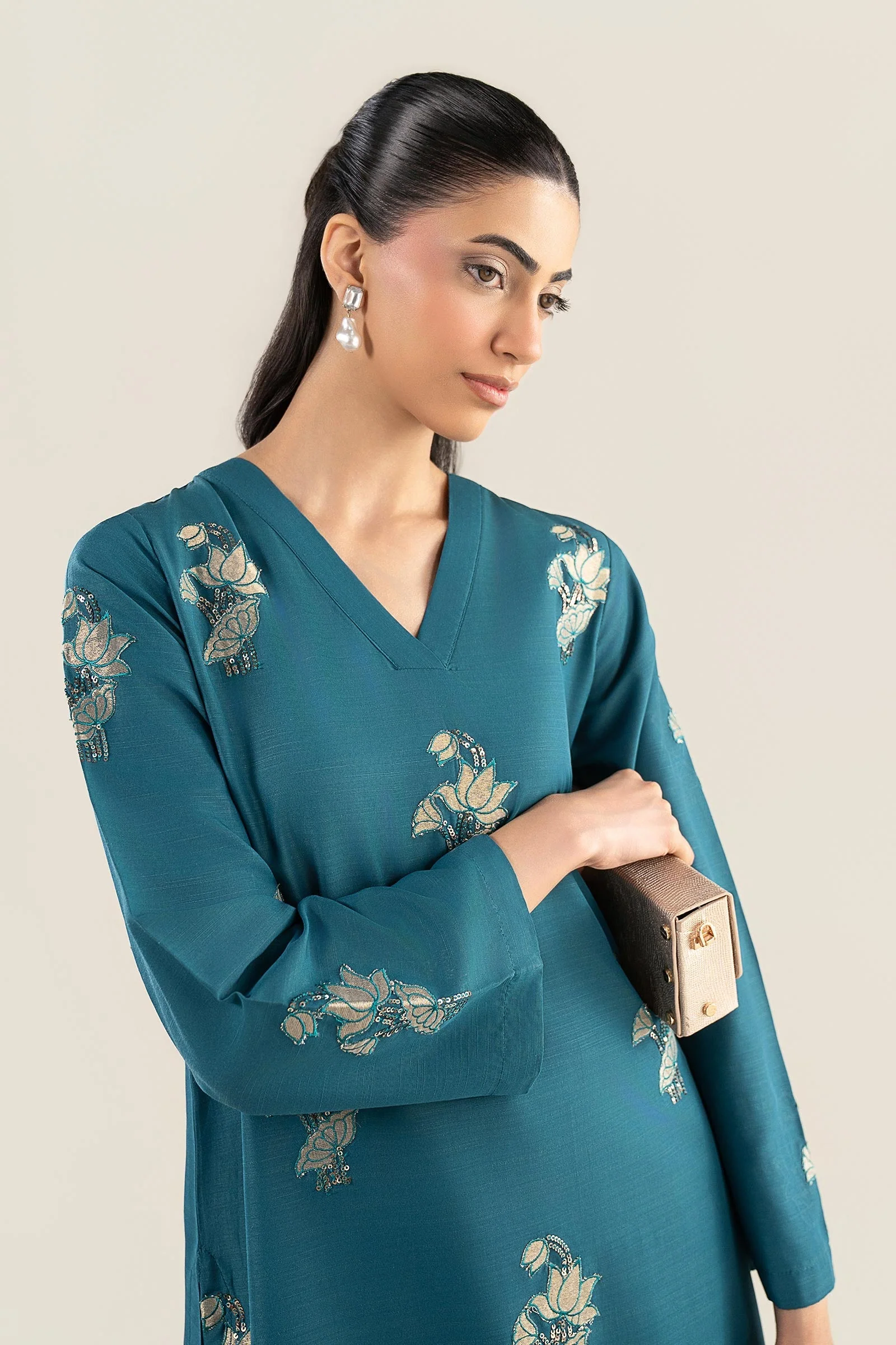 3 Pc Embroidered Raw Silk Suit - Image 3